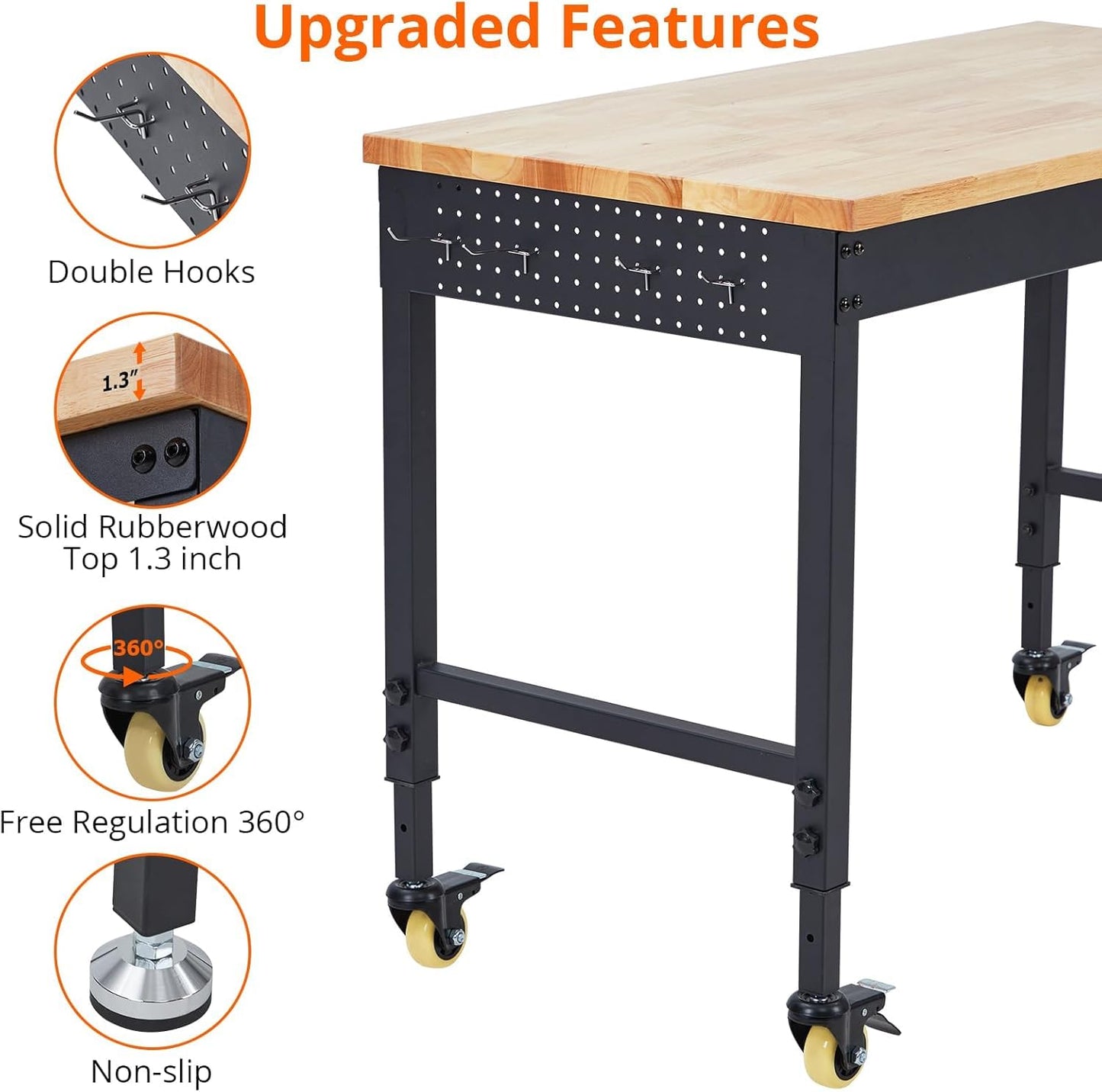 Adjustable Height Garage Workbench 60" X 22" - Heavy Duty 2000 lbs Capacity, Rubber Wood Top, Rolling Workstation with Drawer Storage, Power Outlets & Lockable Wheels - Perfect for Workshop