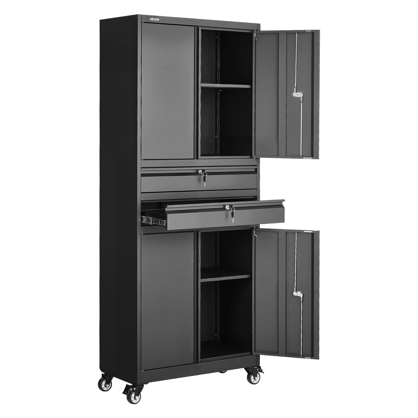 VEVOR Metal Storage Cabinet with Wheels, 180 lbs Shelf Load Capacity, 75" Tall Rolling Garage Tool Storage Cabinet with 4 Locking Doors and Adjustable Shelves, 2 Drawers, for Garage, Office, Home