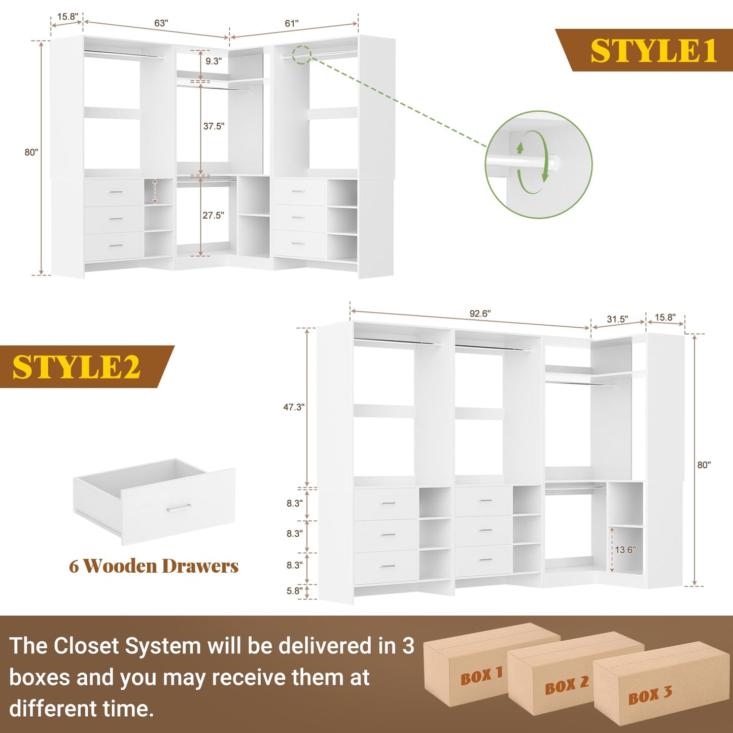 Aheaplus Closet System with 6 Drawers, 4 Hanging Rods & Corner Tower, Corner Closet System with Hanging, 92.6" L-Shaped Walk-In Wardrobe Organizer, 2000+ lbs Capacity, Set of 3, White