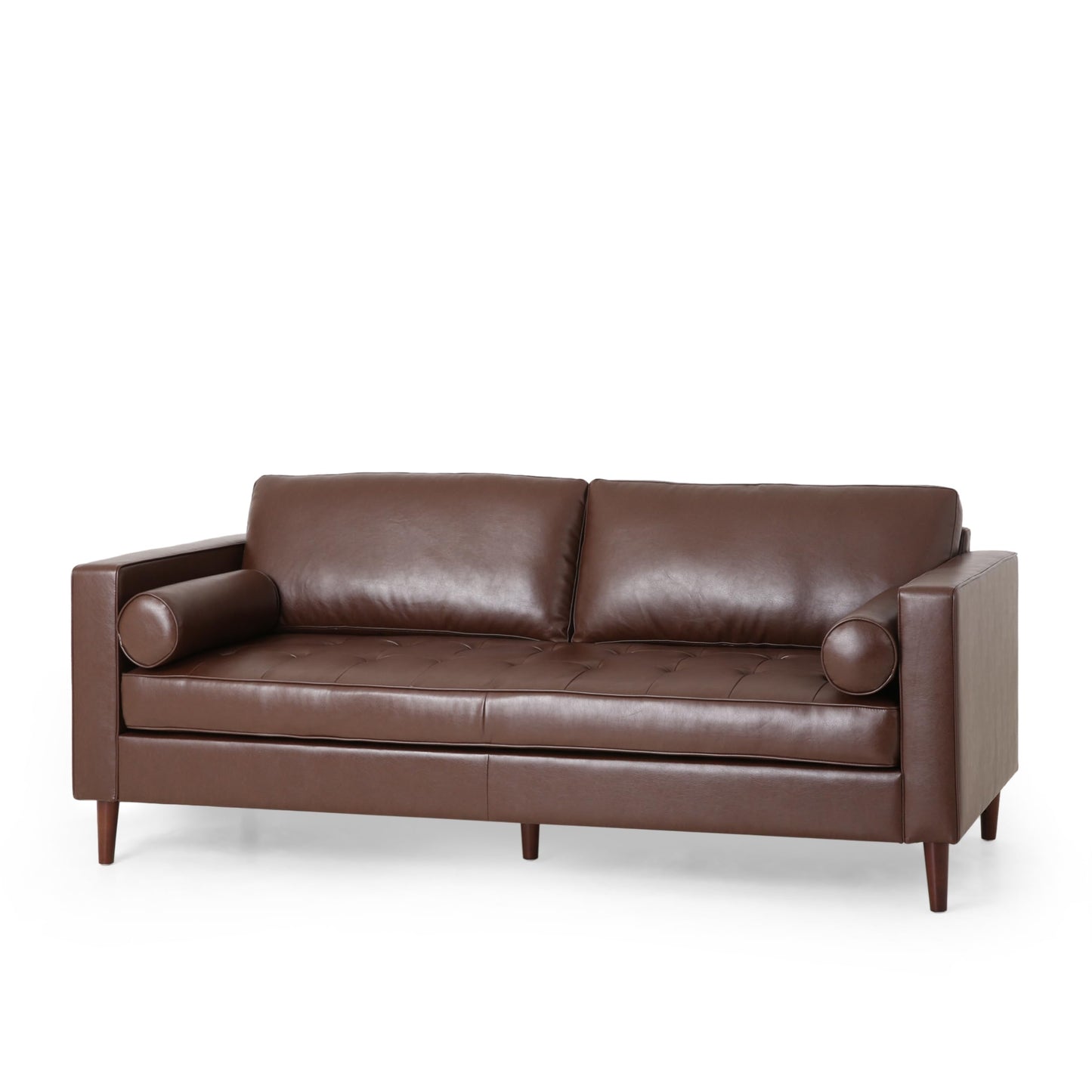Merax Upholstered PU Sofa, Classic 3 Seater Leather Couch with Wooden Legs for Living Room Bedroom Office, Dark Brown