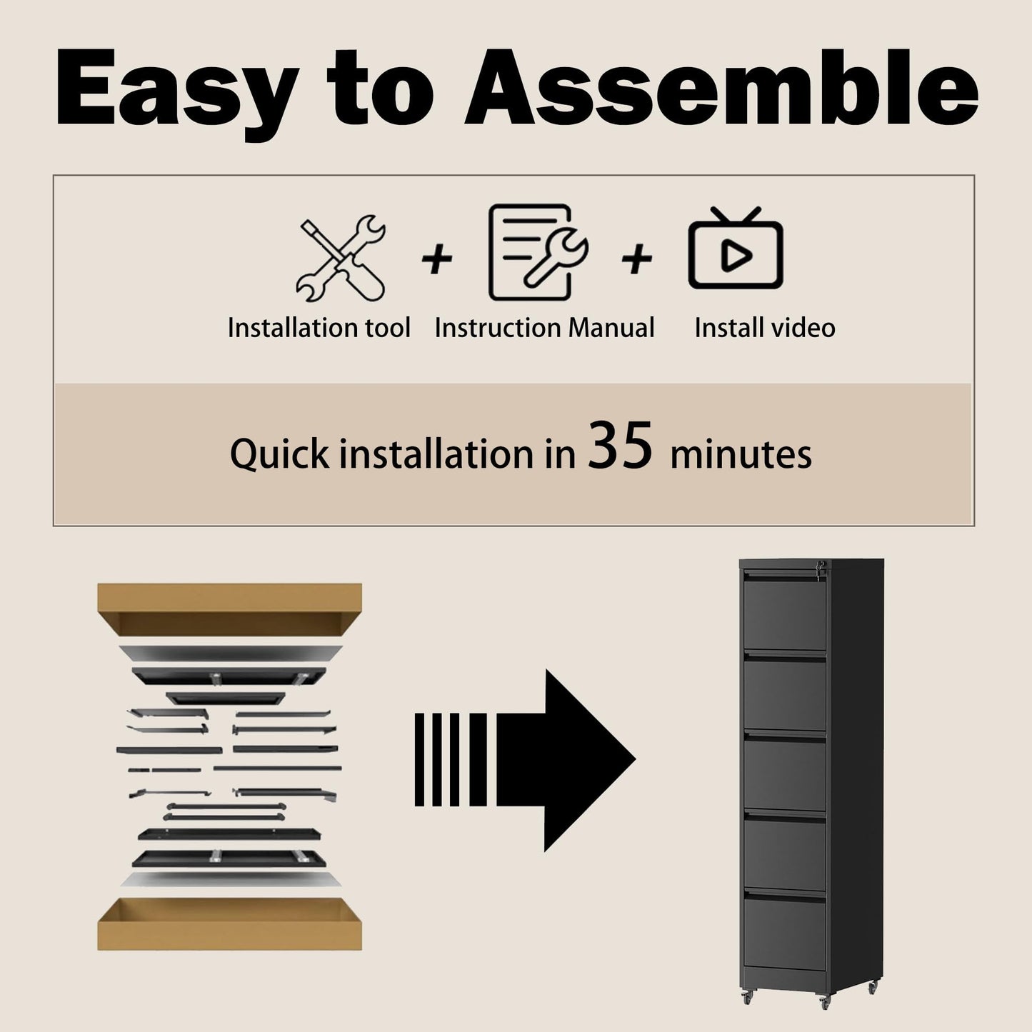 FOSTOKO 5 Drawers Filing Cabient with Wheel, File Cabinet with Lock, Steel Vertical Filing Storage Cabinet for Office, Heavy-Duty File Cabinets for Letters/Legal/A4 (Require Assembly, Black)