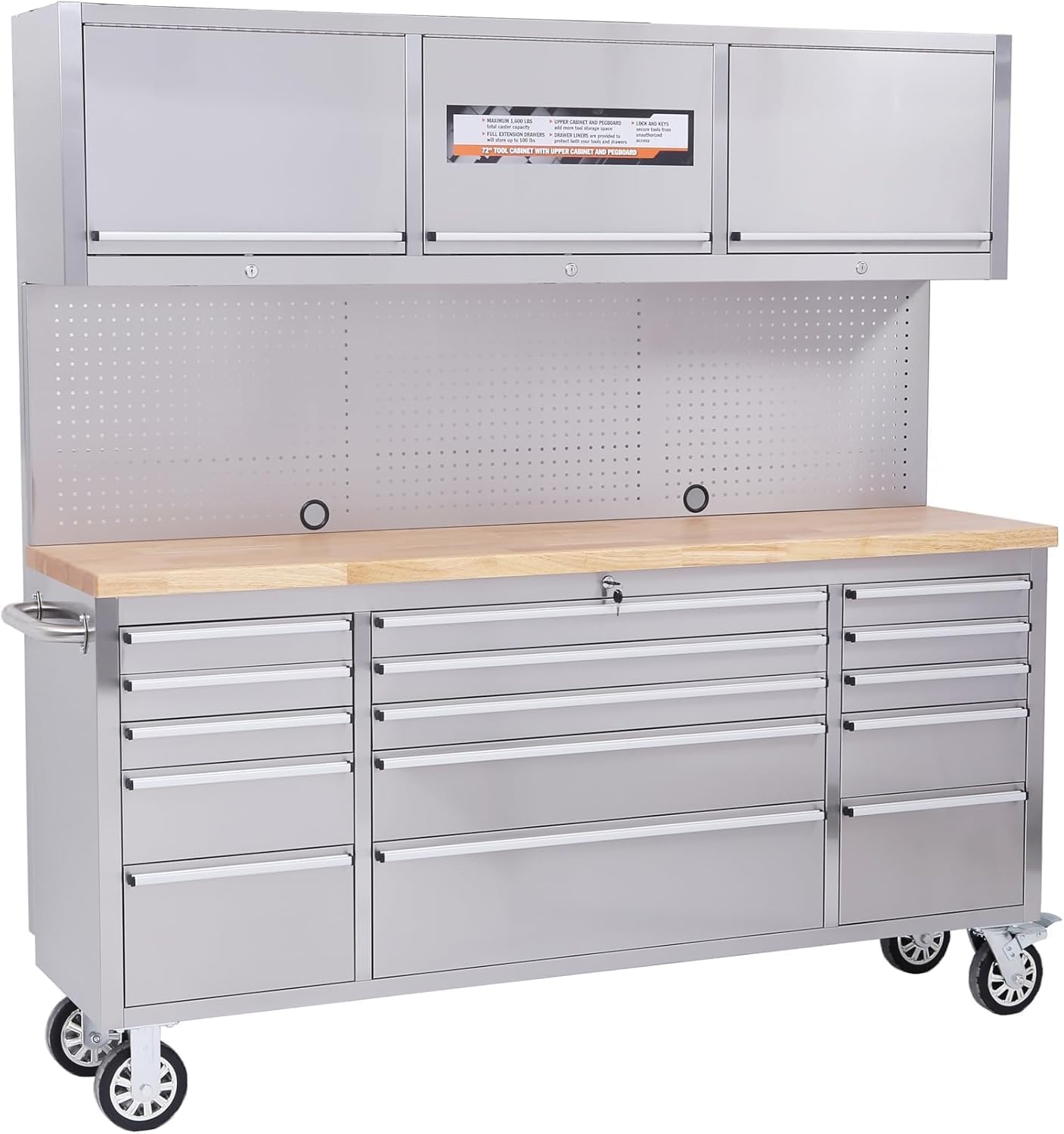 Tool Chest, 72 inch Rolling Workshop Cabinet, 15-Drawer Tool Chest with Rubber Wood Desktop, Garage Workshop Storage Cabinet with Locking Wheels, Silver