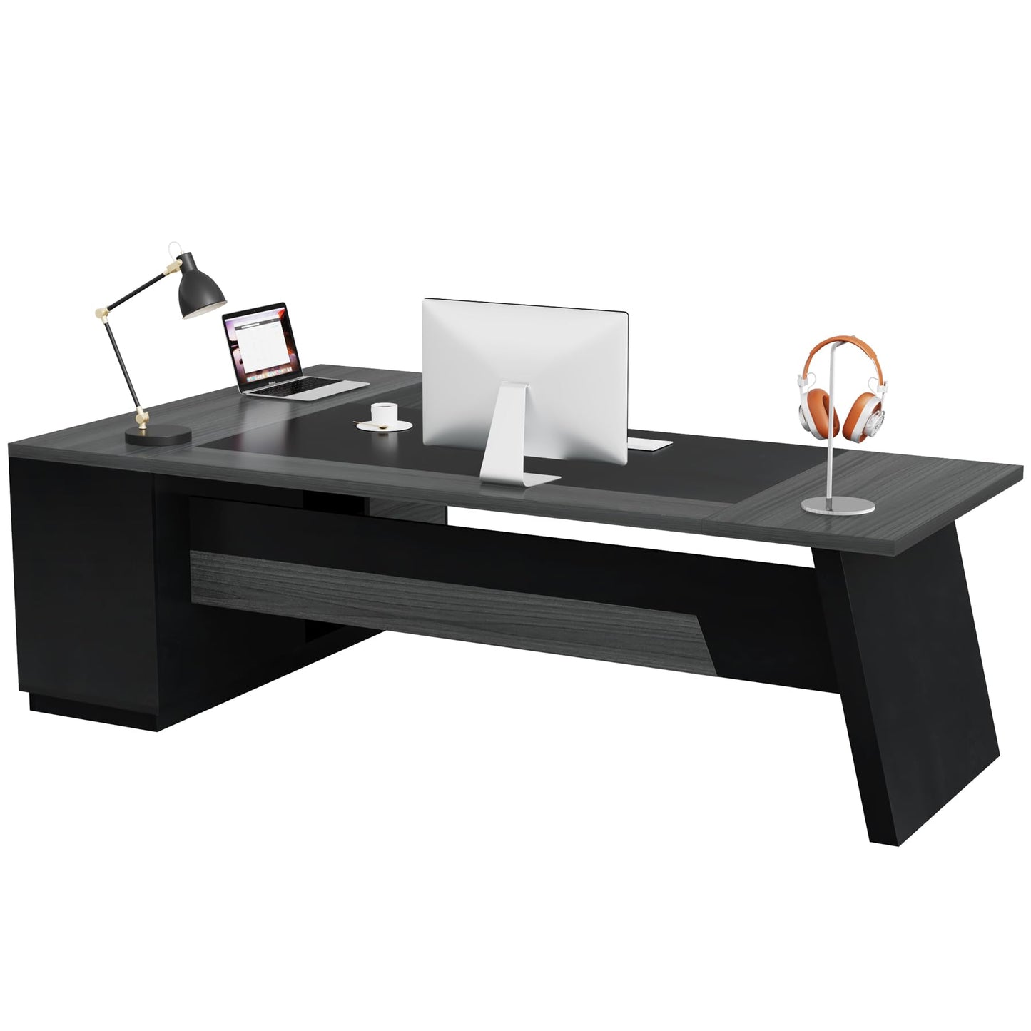 Tribesigns 78" L-Shaped Executive Desk, Large Modern Office Desk with Drawers and Lateral File Cabinet, Business Furniture with Storage Shelves, Big Computer Desk for Home Office (Grey + Blcak)