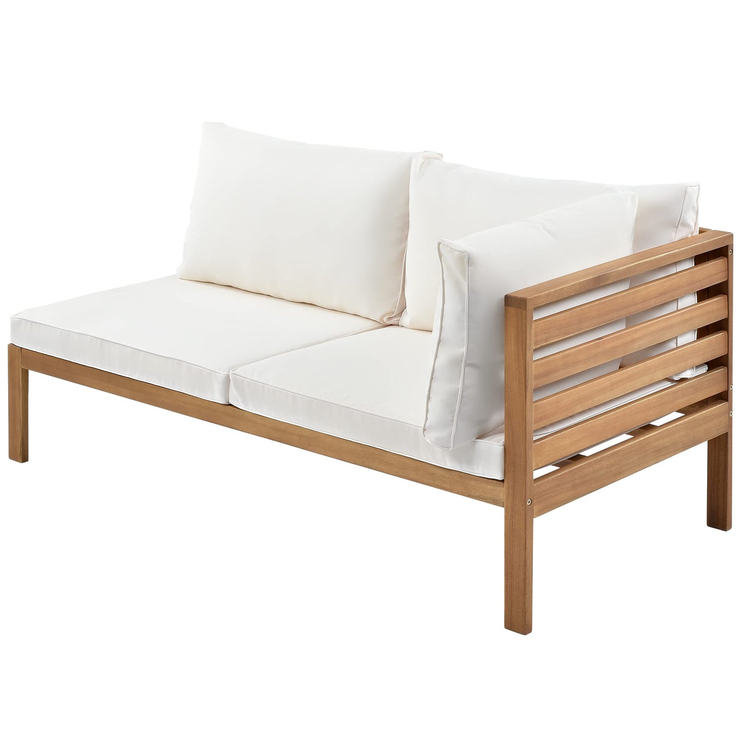 Merax Outdoor L Shaped Sofa with Coffee Table & Armrest & Beige Cushions, Strong Wood Structure Exotic Patio Furniture Set Water-Resistant, for Garden Balcony Poolside (Beige)
