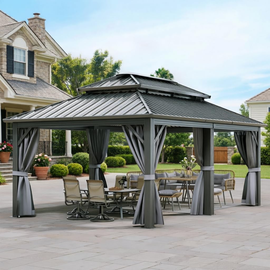 YITAHOME Hardtop Gazebo Aluminum Pillar Double Roof Canopy Galvanized Iron Steel Top Garden Tent Curtains Netting for Patios Backyards Decks Lawns, Gray, 12X18FT