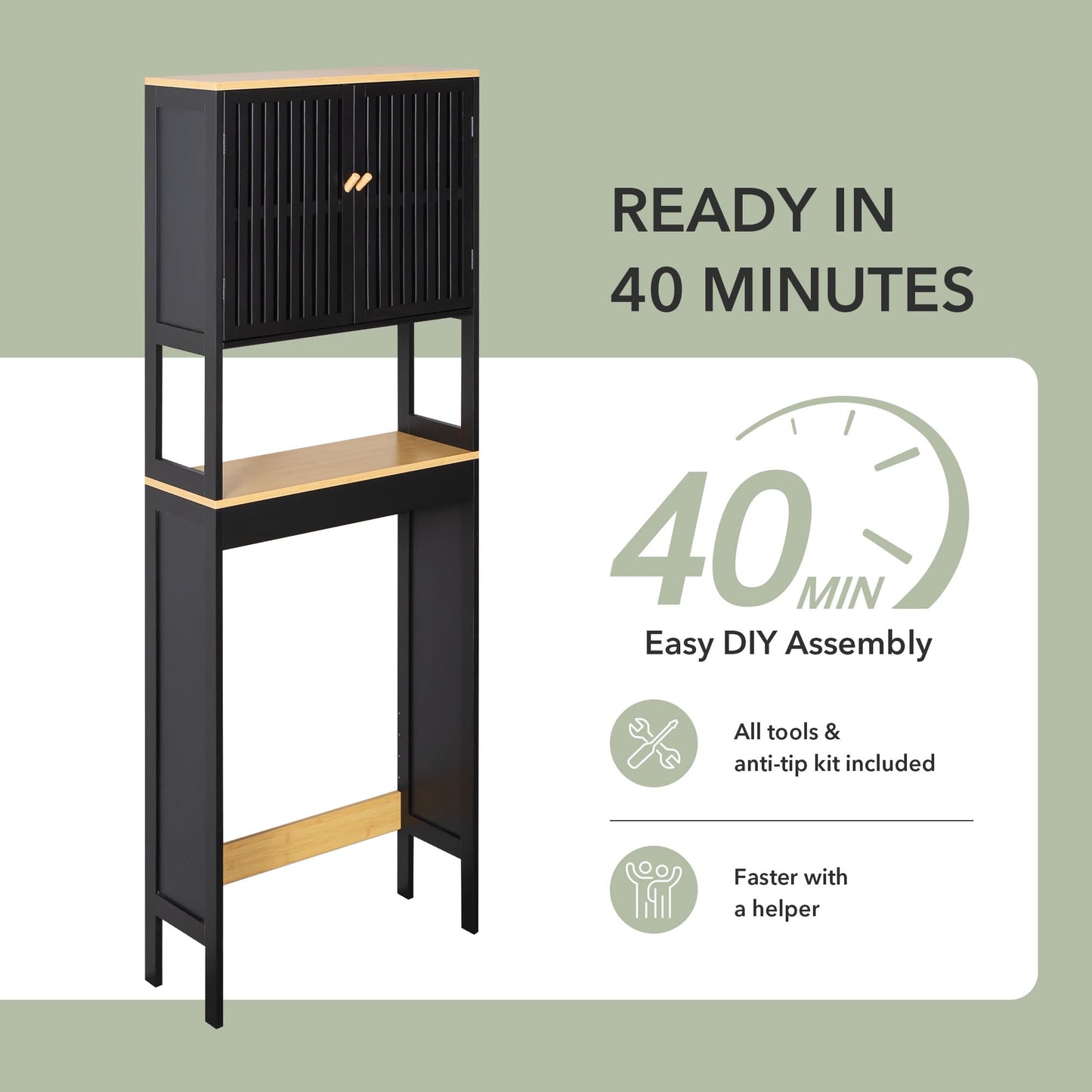 Over The Toilet Storage Cabinet with Breathable Bamboo Doors, 3-Tier Bathroom Organizer Above Toilet, Freestanding Space Saver Rack with Adjustable Bottom Bar & Shelf, 24" x 70", Black & Natural