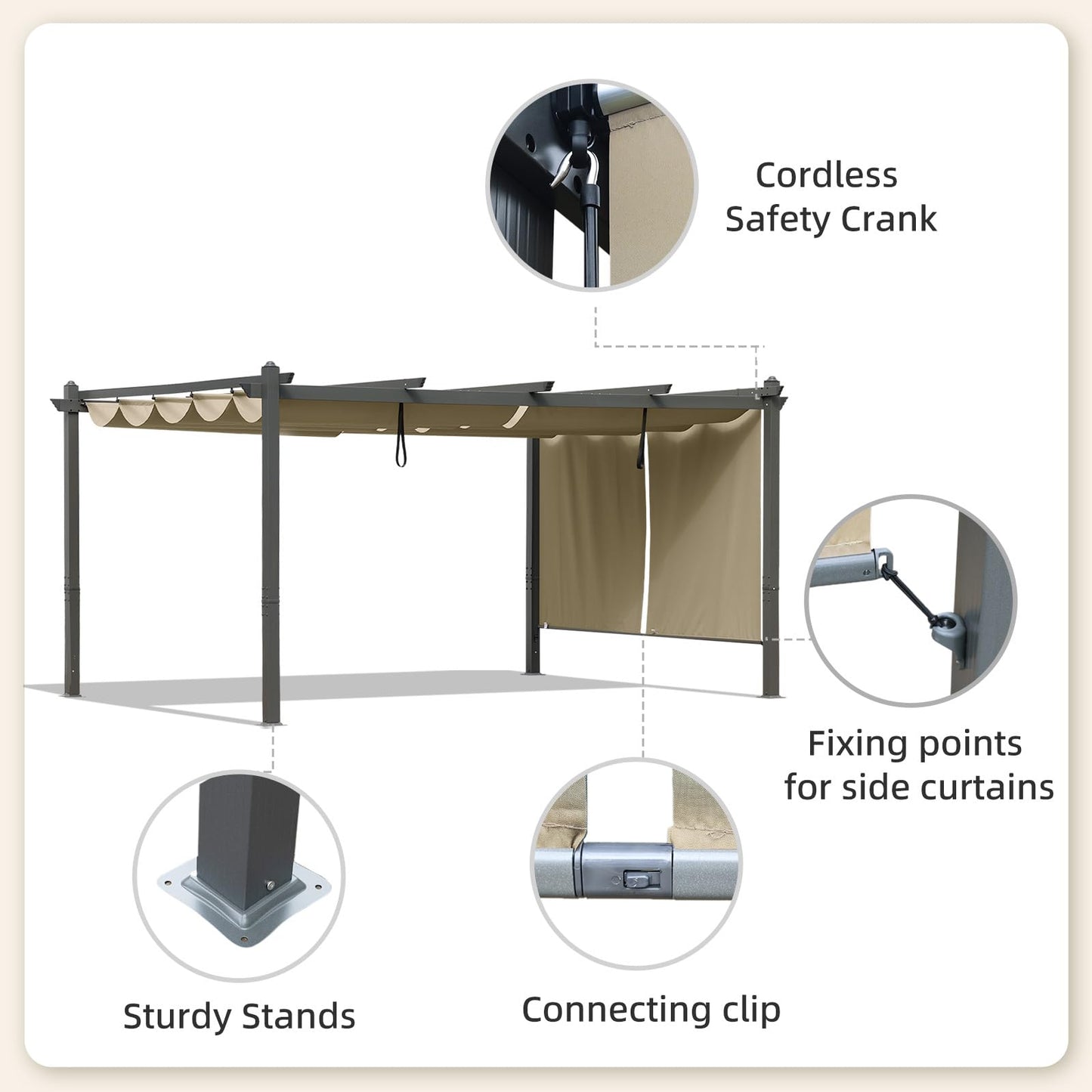 BPS 12x16 FT Outdoor Pergola - Retractable Shade Canopy with Aluminum Frame & Roller Shade Curtains for Patio, Backyard, or Deck, Khaki