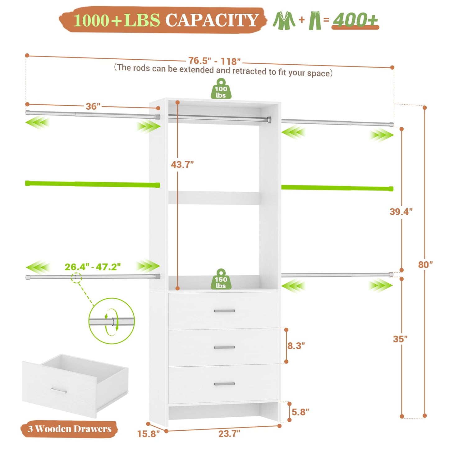 Aheaplus Closet System, Closet Organizer with 3 Wooden Drawers, Closet Organizer System, Walk-in Closet Wardrobe Clothes Rack with 4 Hanging Rods, Garment Rack, -4R, White