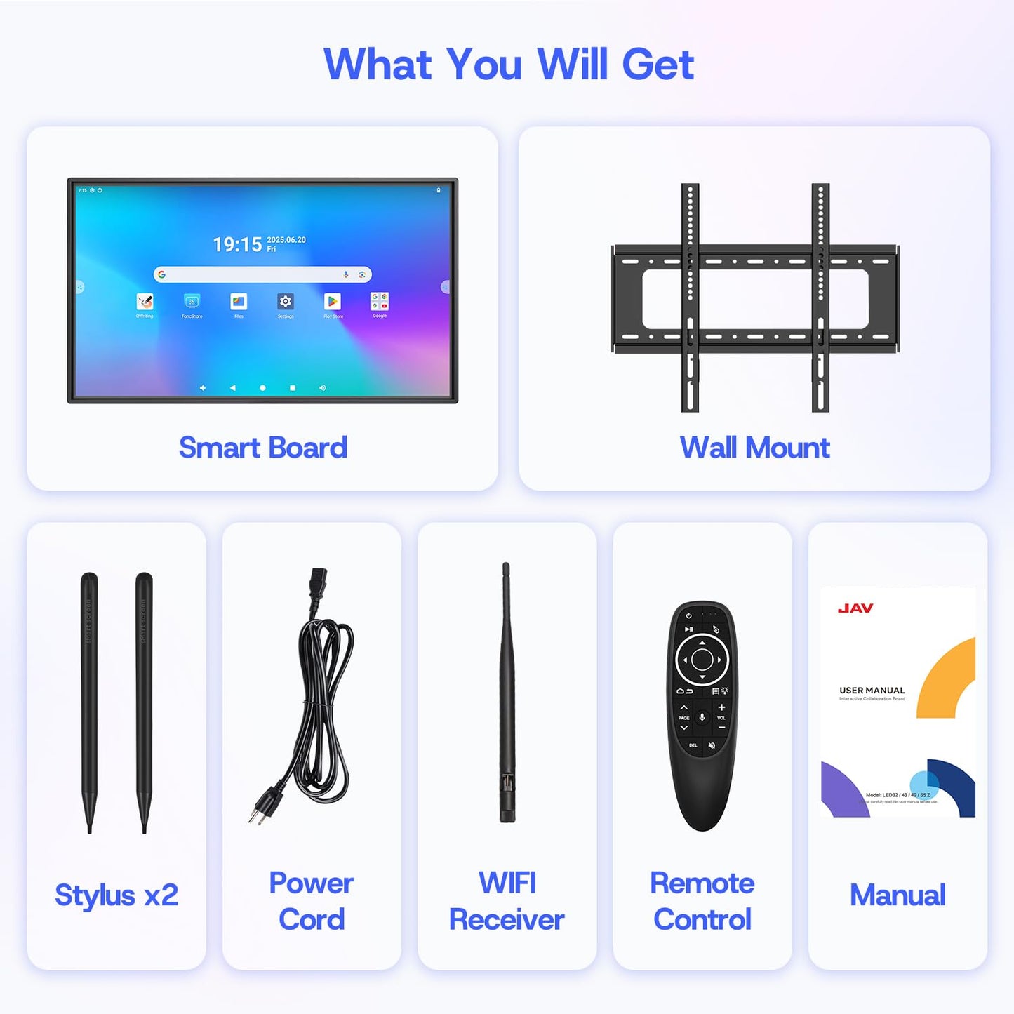 JAV Smart Board 43 Inch, Interactive Whiteboard with EDLA Certified for Office and Classroom, Digital Whiteboard Rotating Touchscreen Android 14 8+128GB (Board Only)