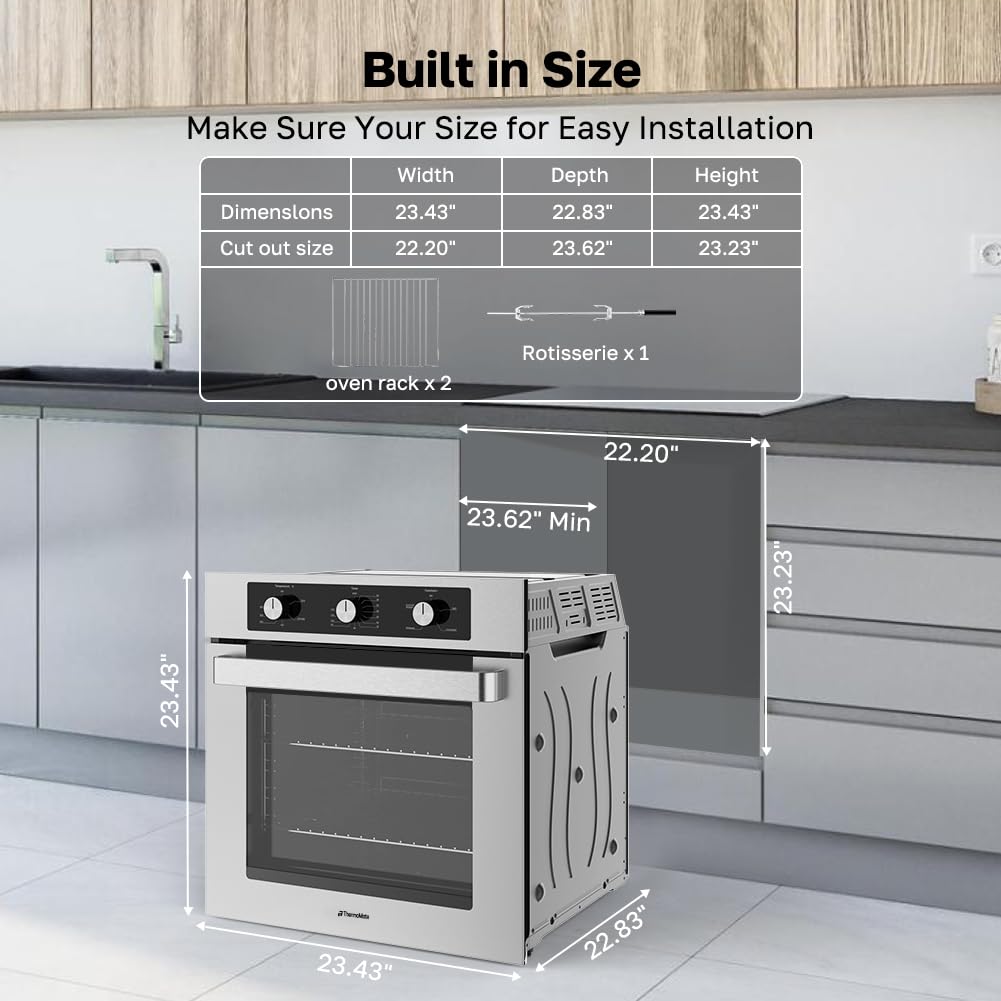 Thermomate 24" Gas Wall Oven, ETL Certified, 2.12 Cu.ft. Natural Gas with Bake Broil Rotisserie Functions, Timer and Convection Fan, 120V Cord Plug, Stainless Steel