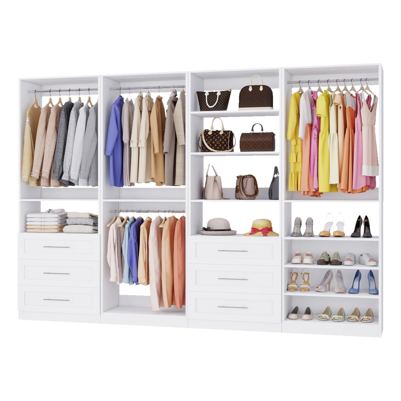 Closet System with 4 Sets, 8–21 FT Closet System with 6 Drawers, 9 Shelves & 8 Hanging Rods, Heavy Duty Closet Organizer System for Walk in Closets, Modular Custom Wood Closet Kit, White