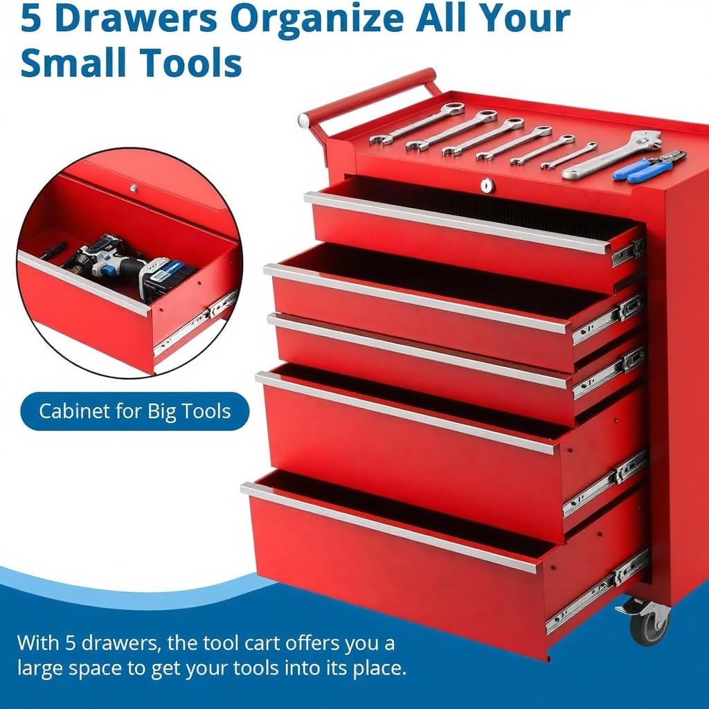 GarveeLife Red Rolling Tool Cabinet, 5-Drawer Tool Storage Cart with Wheels, Portable Tool Chest Organizer with Lock, Drawer Liners, Tool Cart for Garage or Workshop