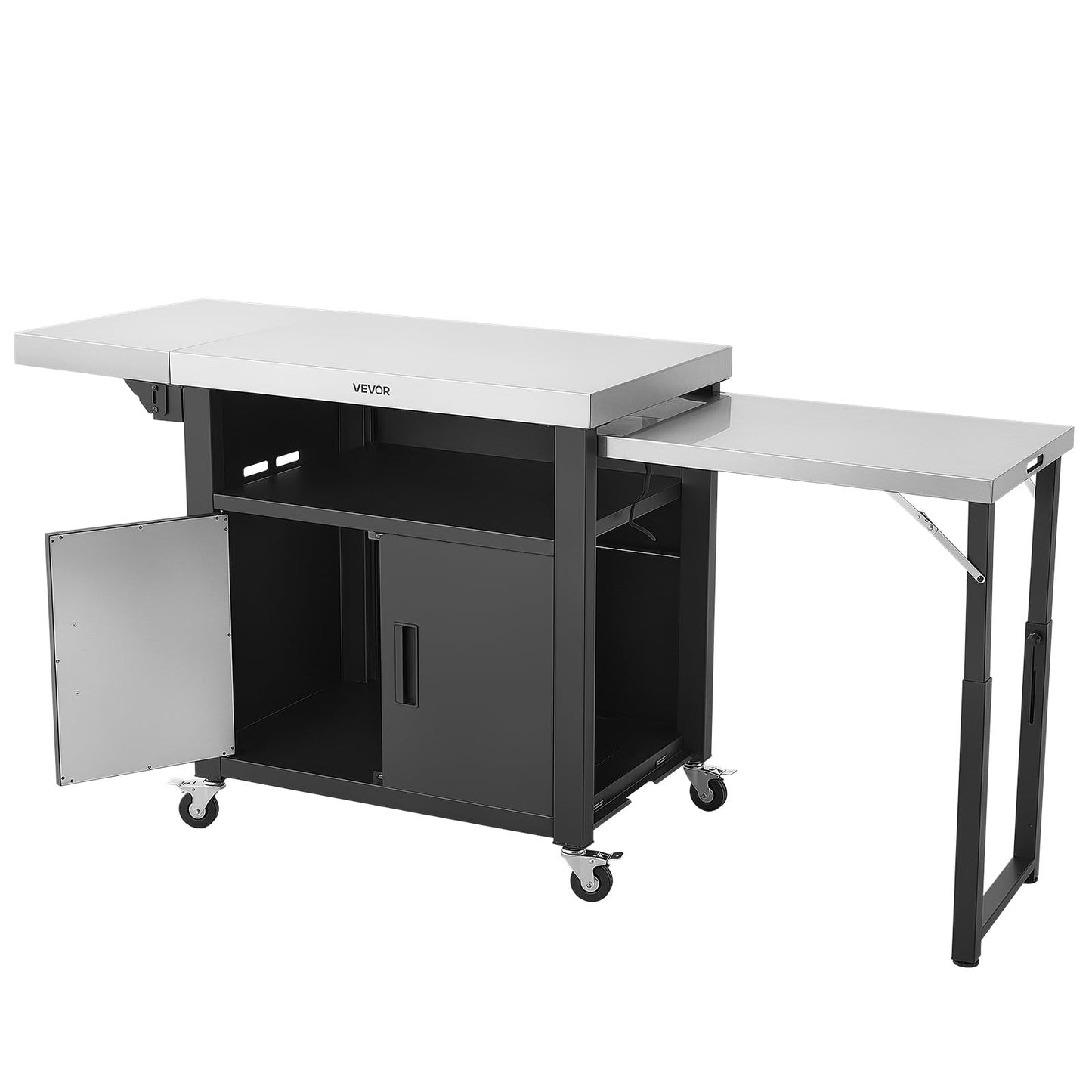 VEVOR Outdoor Grill Cart with Storage Cabinet, 74.8 Inch Grill Table, Waterproof Kitchen Island with Stainless Steel Top, Pull-Out Plate, Wheels, Movable Food Prep Station for Patio Bar Backyard BBQ
