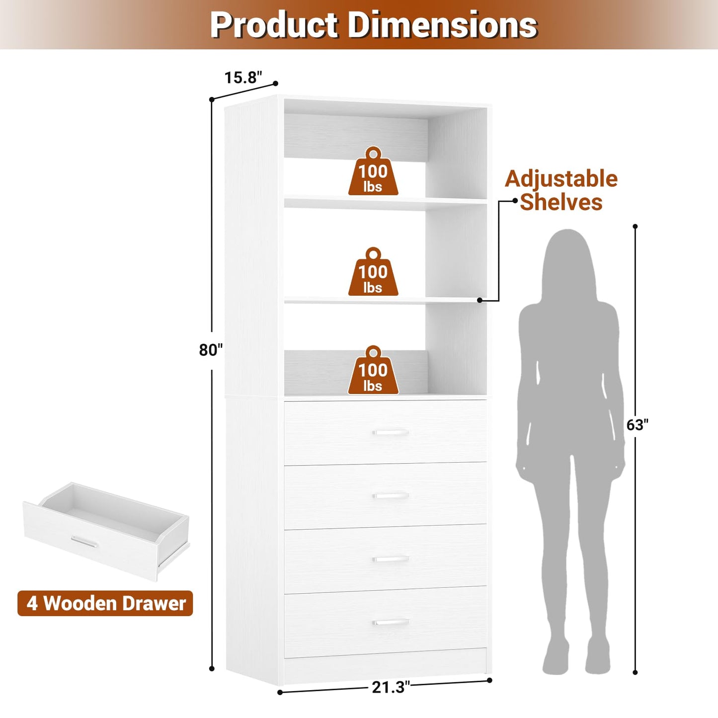 Aheaplus Closet Drawers System, 21.3" Wood Closet Organizer System with 4 Drawers, Modular Walk-in Closet System Storage Unit, Small Closets Wardrobe Rack, Tall Storage Cabinet Unit, White
