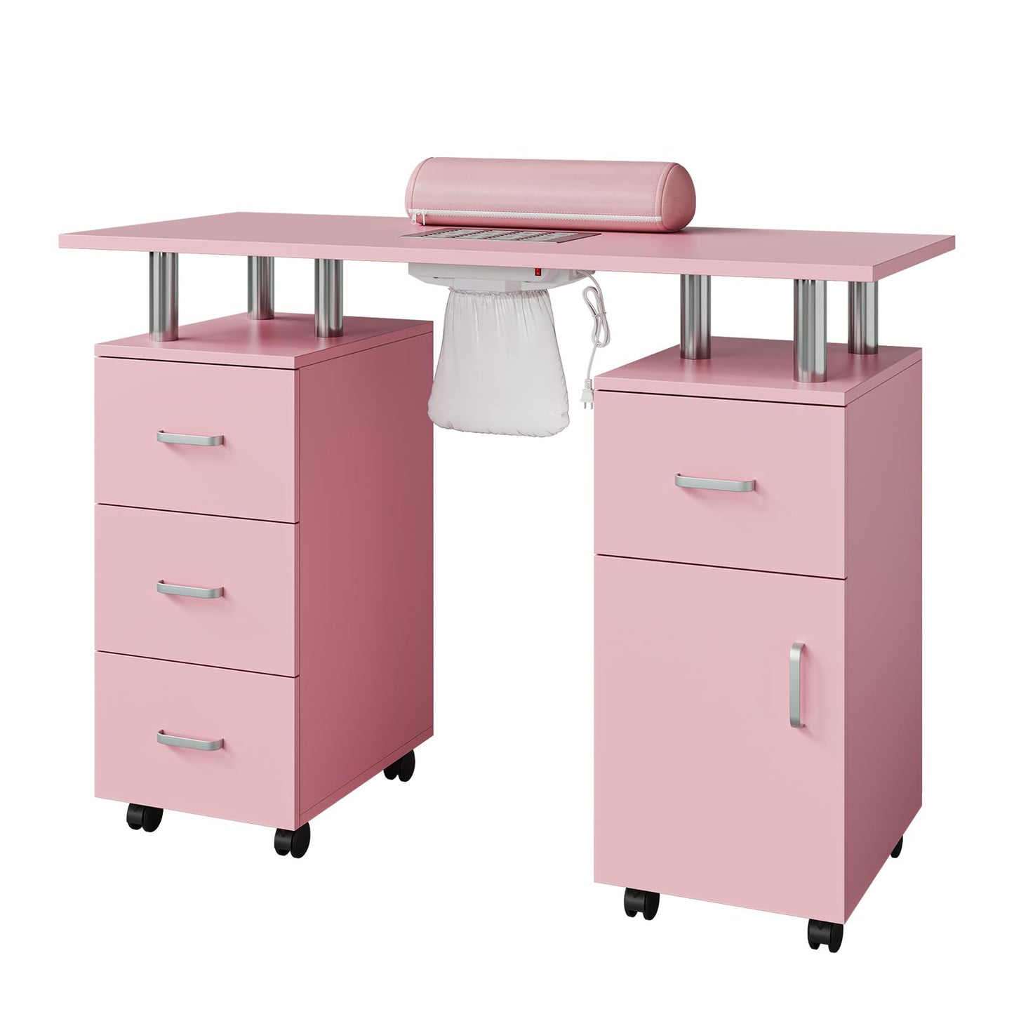 Manicure Table with Dust Collector, 42" Nail Desk for Nail Tech with Lockable Wheels, 4 Storage Drawers, Arm Rest, Acetone Resistant Top and Storage Cabinet Pink