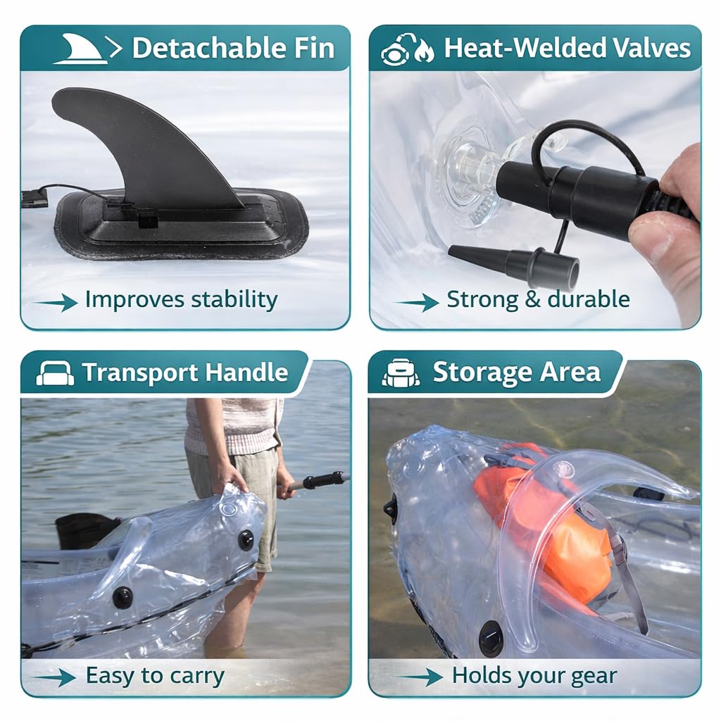 AKTIVETY - Clear Kayak - Transparent 2-Seater Inflatable Tandem for Two Adults - See-Through Style - Complete Set with Adjustable Seats, Pump, Paddles, Carry Bag & Tracking Fin