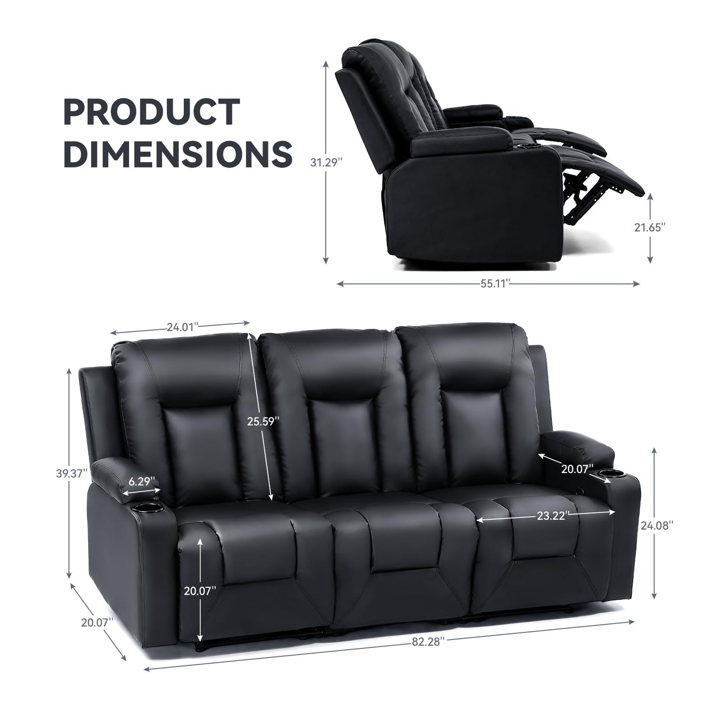 COMHOMA Recline Chair Set,Furniture 3PC Bonded Leather Recliner Set Living Room Set, Sofa, Recline Chair with massger(Black,Living Room Set 3)