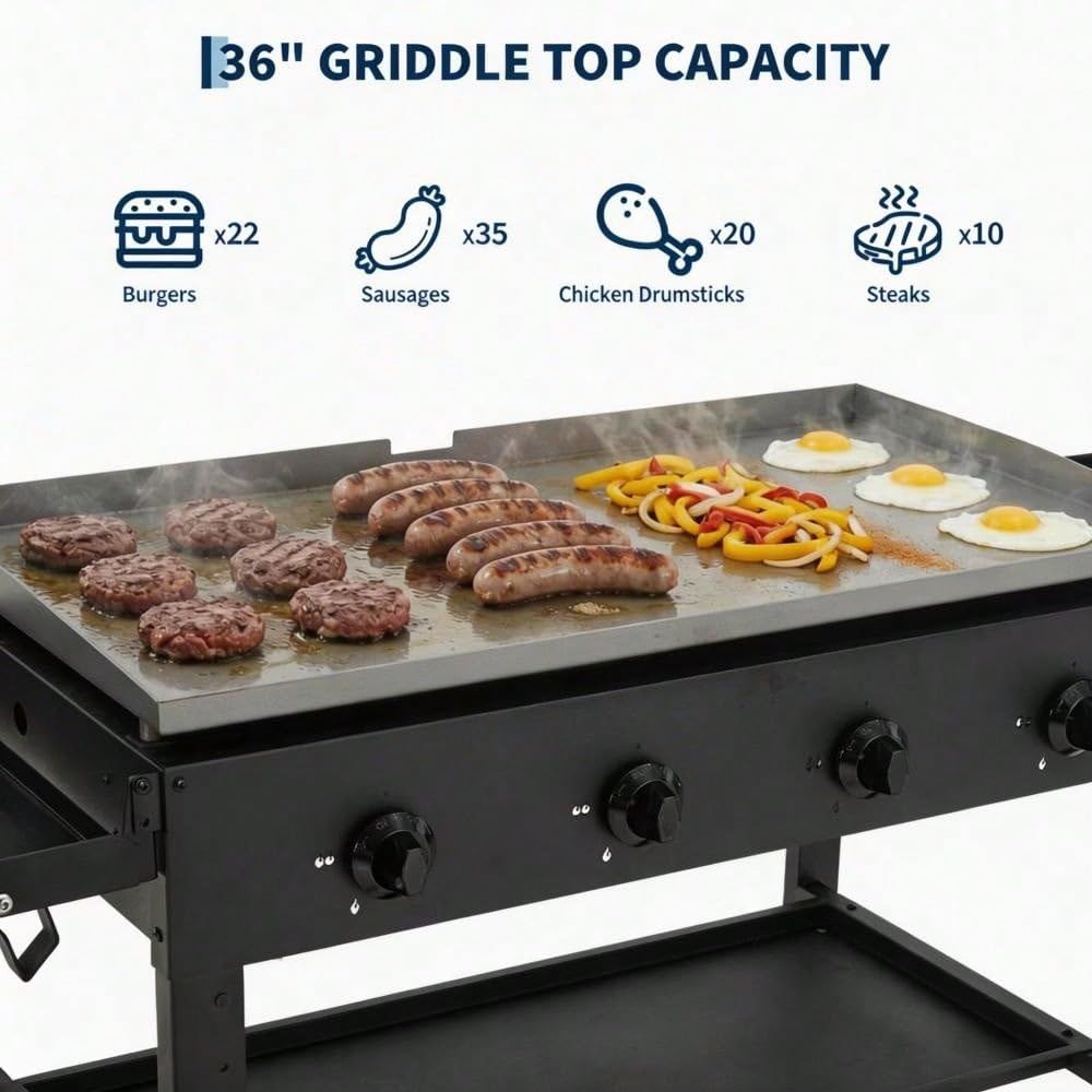 36-Inch Flat Top Gas Griddle, 4-Burner Propane Grill Station (60,000 BTU) with Foldable Shelves & Wheels, Heavy Duty Cast Iron Outdoor Flattop Grill for Backyard BBQ, RV Camping & Pan-Frying