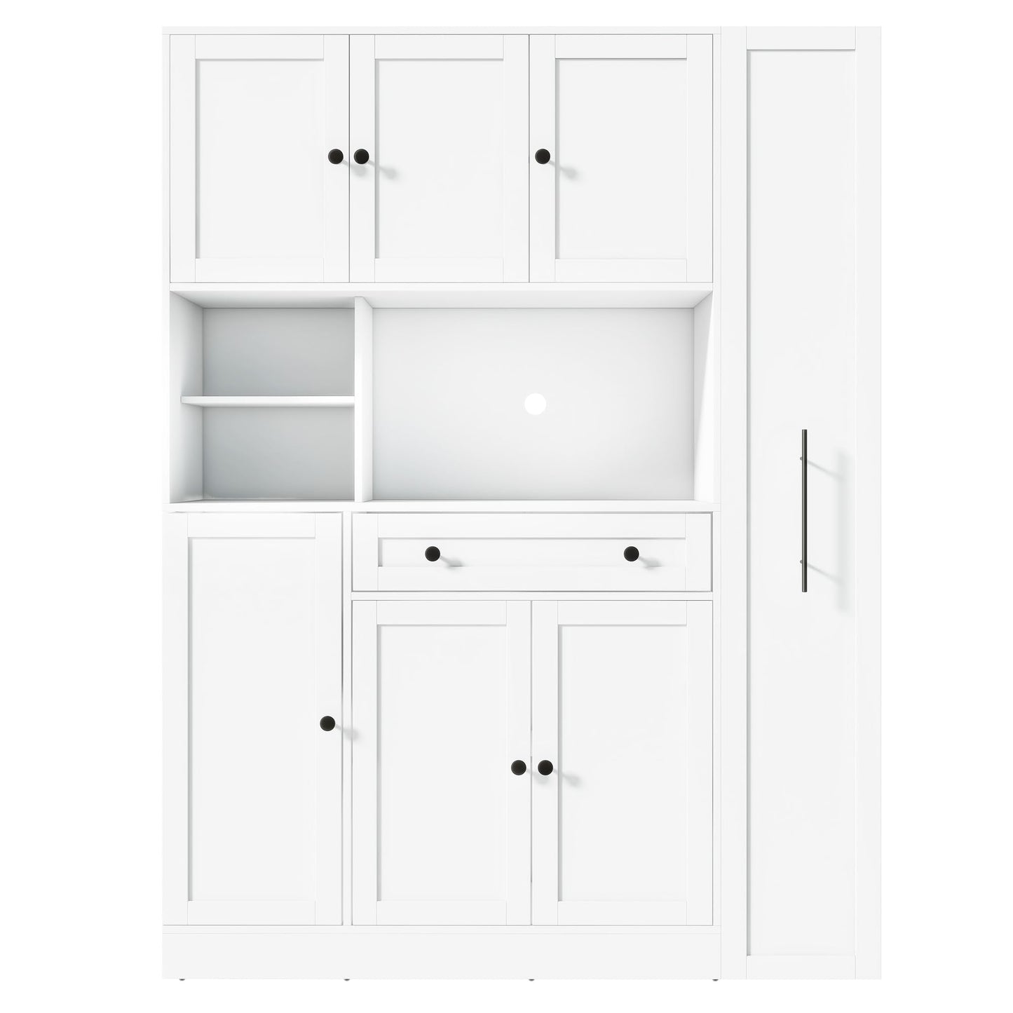 Merax 70'' Tall Traditional Freestanding Buffet with Hutch, Large Kitchen Pantry Storage Cabinet Cupboard with Pull-Out Side Cabinet, Door Shelves and Drawer, White