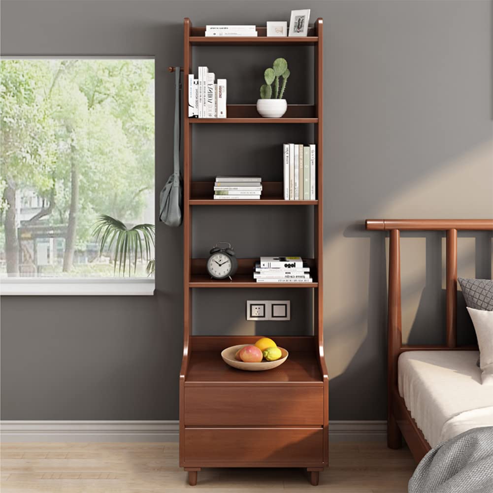 IOTXY Walnut Bedside Table Bookshelf - 71" Tall Free Standing Wooden Open Shelf Bookcase with Drawers and 4-Shelves for Bedroom, Bed Side End Table, Nightstand