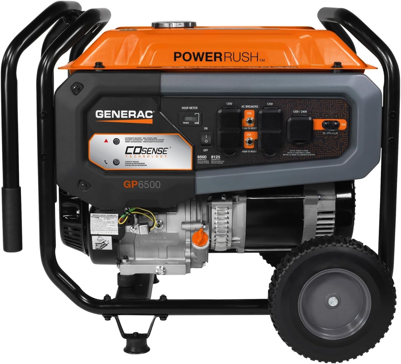 Generac 8,125 Starting Watt Portable Gas Generator with Extension Cord, PowerRush Technology, COsense Carbon Monoxide Detection, 10.5 Hour Runtime, Home Backup Emergency Power, 49-State Compliant