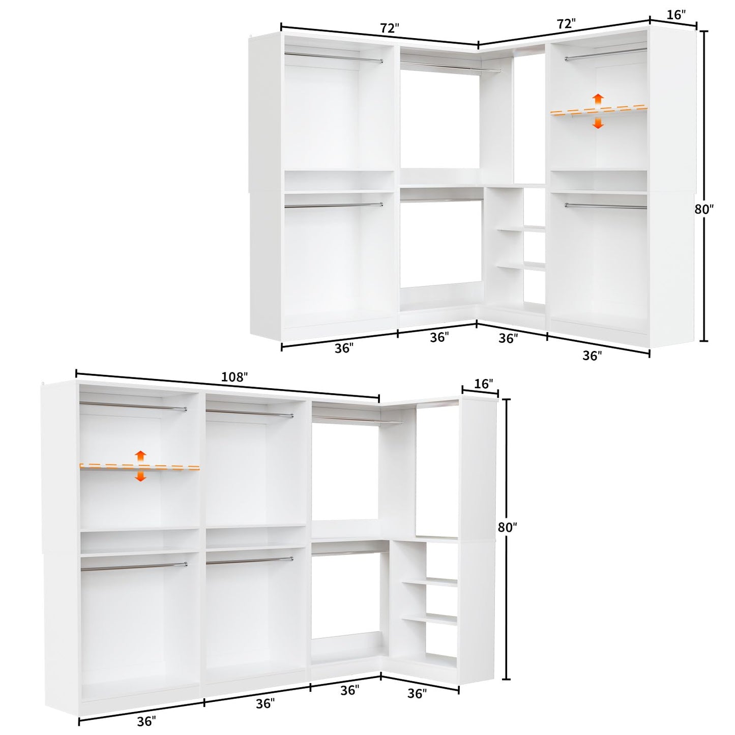 Unikito 108” Corner Closet System, 3-Piece L-Shaped Closet Organizer with 2 Closet Towers and 1 Corner Unit, Heavy Duty Wood Garment Rack with 6 Hanging Rods, Freestanding Walk-in Wardrobe, White