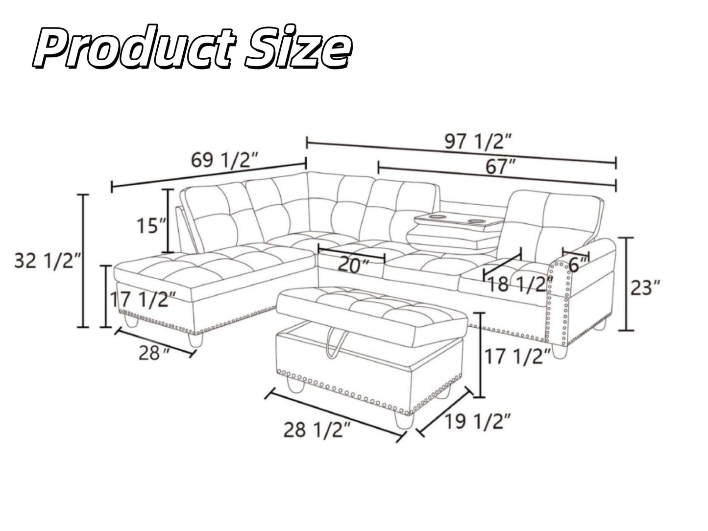 Trygoal 97" Leather 4-Seat L-Shaped Sectional Sofa with Movable Chaise & Storage Ottoman - 3-Piece Modular Convertible Couch for Living Room, Bedroom, Apartment & Office, Jet Black