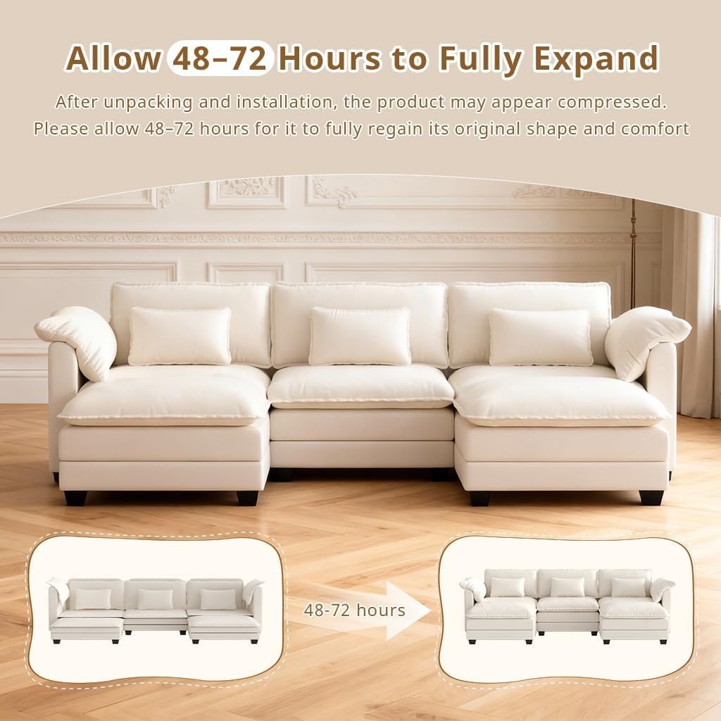 COMHOMA 120" U Shaped Sectional Sofa with Movable 2 Ottomans,Comfy Cloud Modular Couch with Throw Pillows,Modern Chenille Deep Seat Sofa Couches for Living Room,Beige