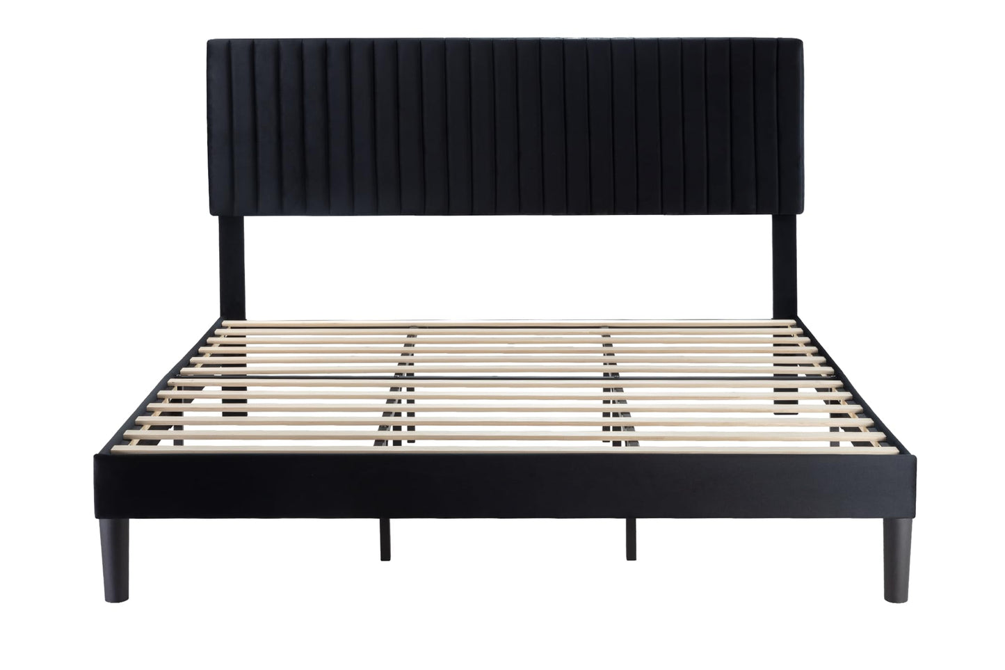 Allewie King Platform Bed Frame, Velvet Upholstered with Adjustable Vertical Channel Tufted Headboard, Mattress Foundation with Strong Wooden Slats, Box Spring Optional, Easy Assembly, Black