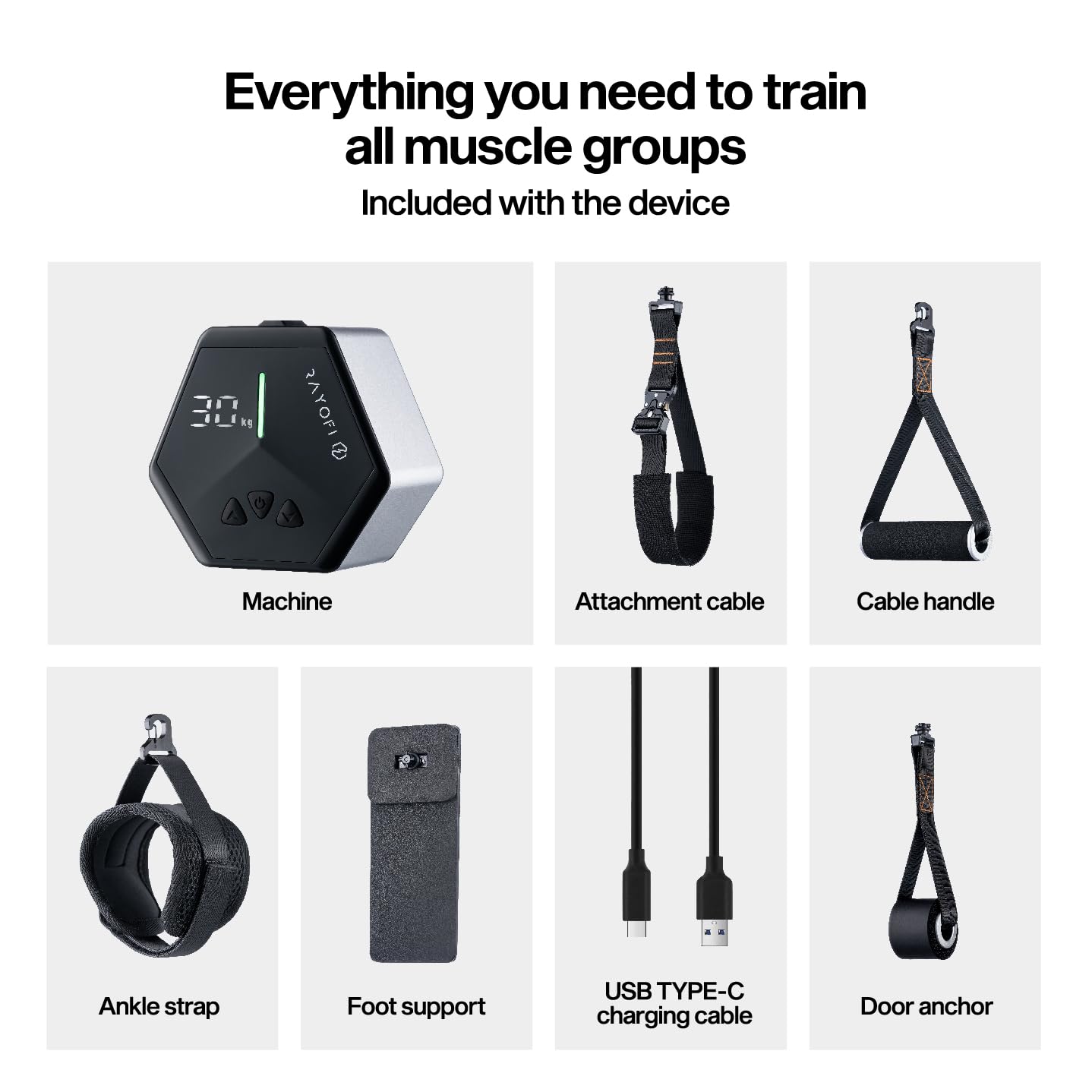 Rayofi GO-Tone Portable Cable Gym, 7-66LB Adjustable Resistance Band, App & Bluetooth Connection, Multifunctional Fitness Equipment, Suitable for Home & Travel (Silver)