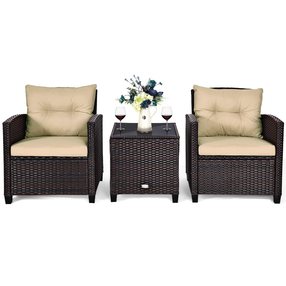 COSTWAY 3PCS Patio Furniture Set, PE Rattan Wicker Sofa w/Washable Cushion and Coffee Table, Tempered Glass Tabletop, Outdoor Conversation Set for Balcony, Porch, Yard, Backyard, Lawn, Beige