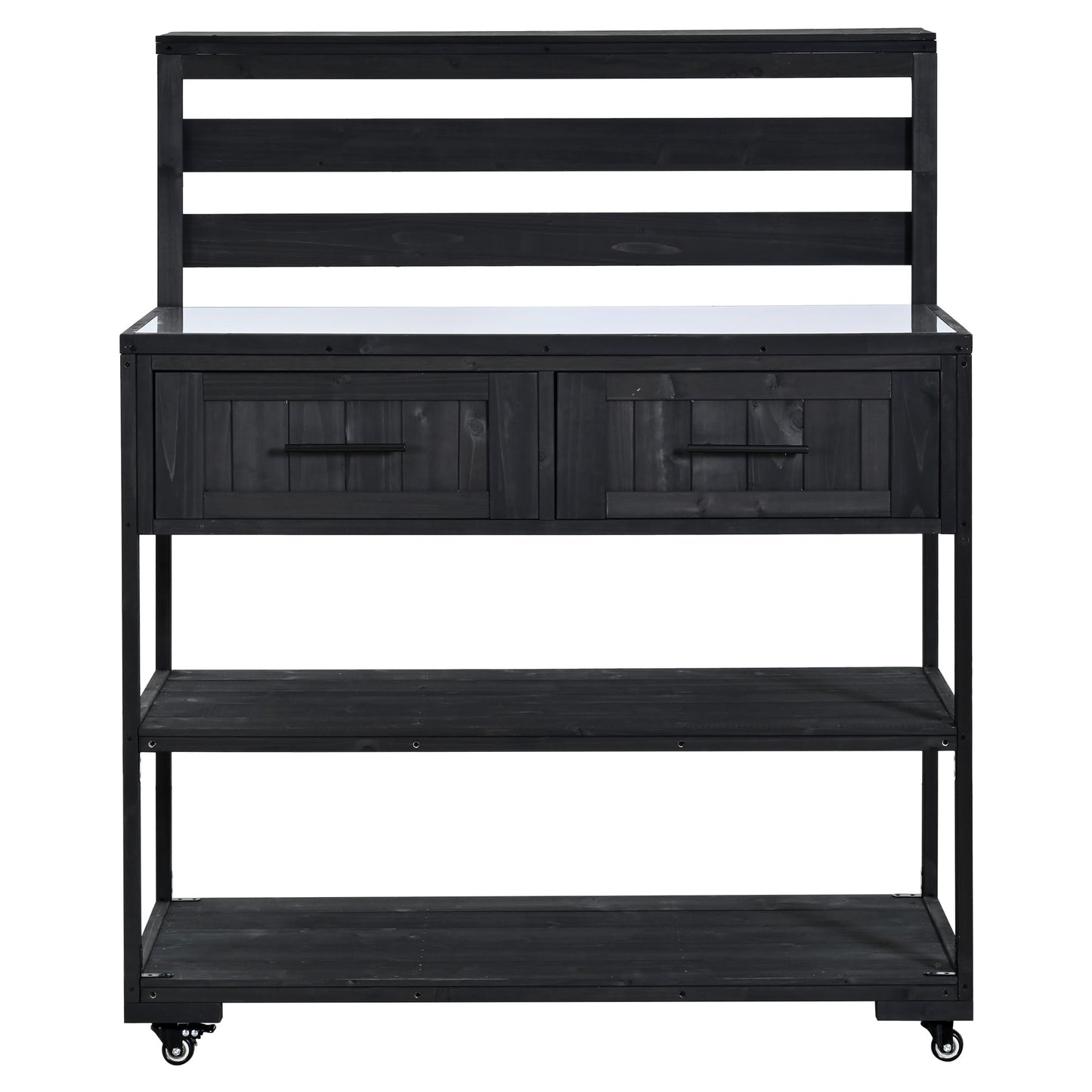 GDFStudio Elshire Patio Kitchen Island Cart with Storage, Wooden Outdoor Storage Cabinet with Stainless Steel BBQ Prep Table Top, Drawers, Raised Shelf and Lockable Wheels, Garden Potting Bench, Black