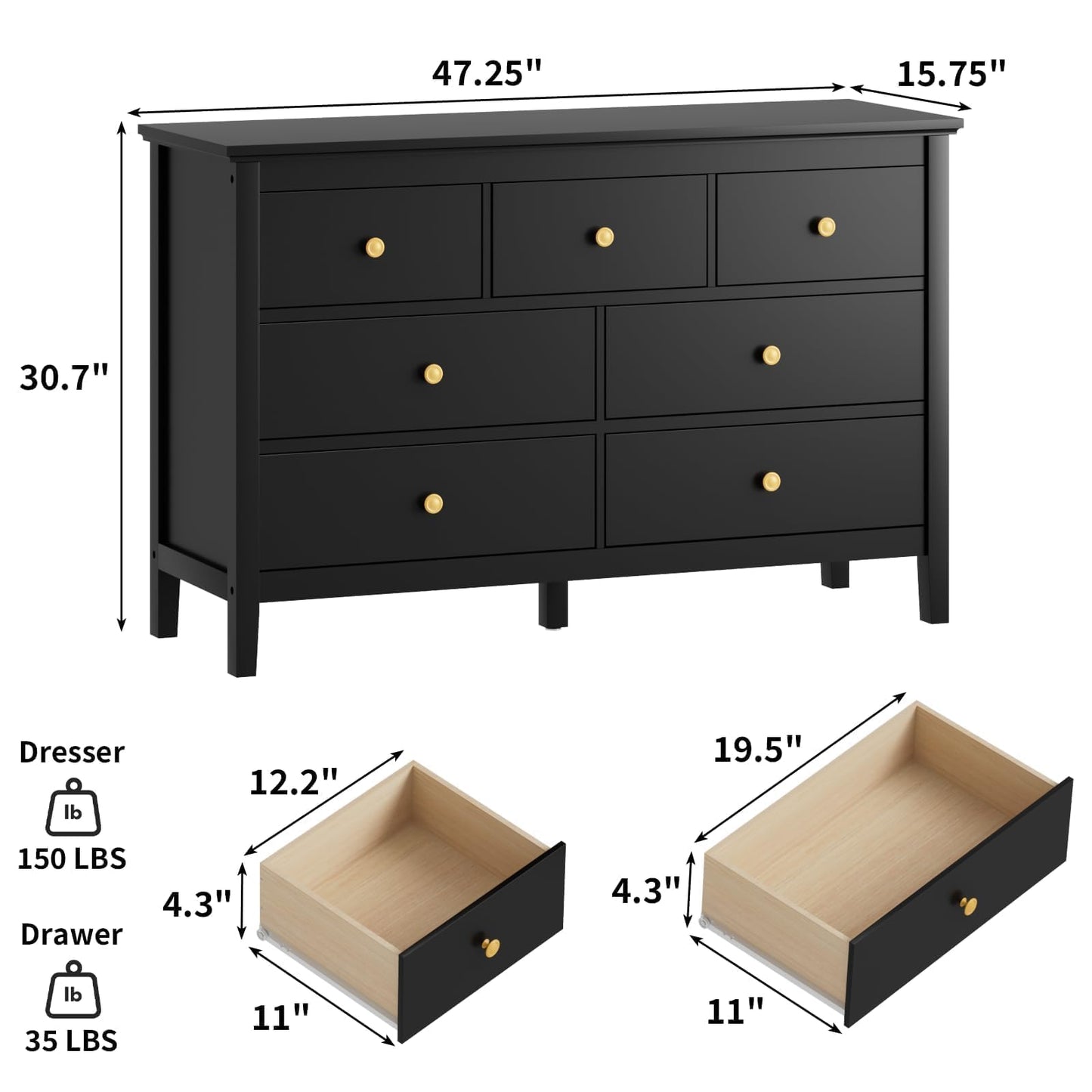 CARPETNAL 7 Drawers Dresser for Bedroom, Black Dressers & Chests of Drawers with Gold Handles and 7 Large Drawer, Modern Wooden Storage Organizer Cabinet for Hallyway, Entryway