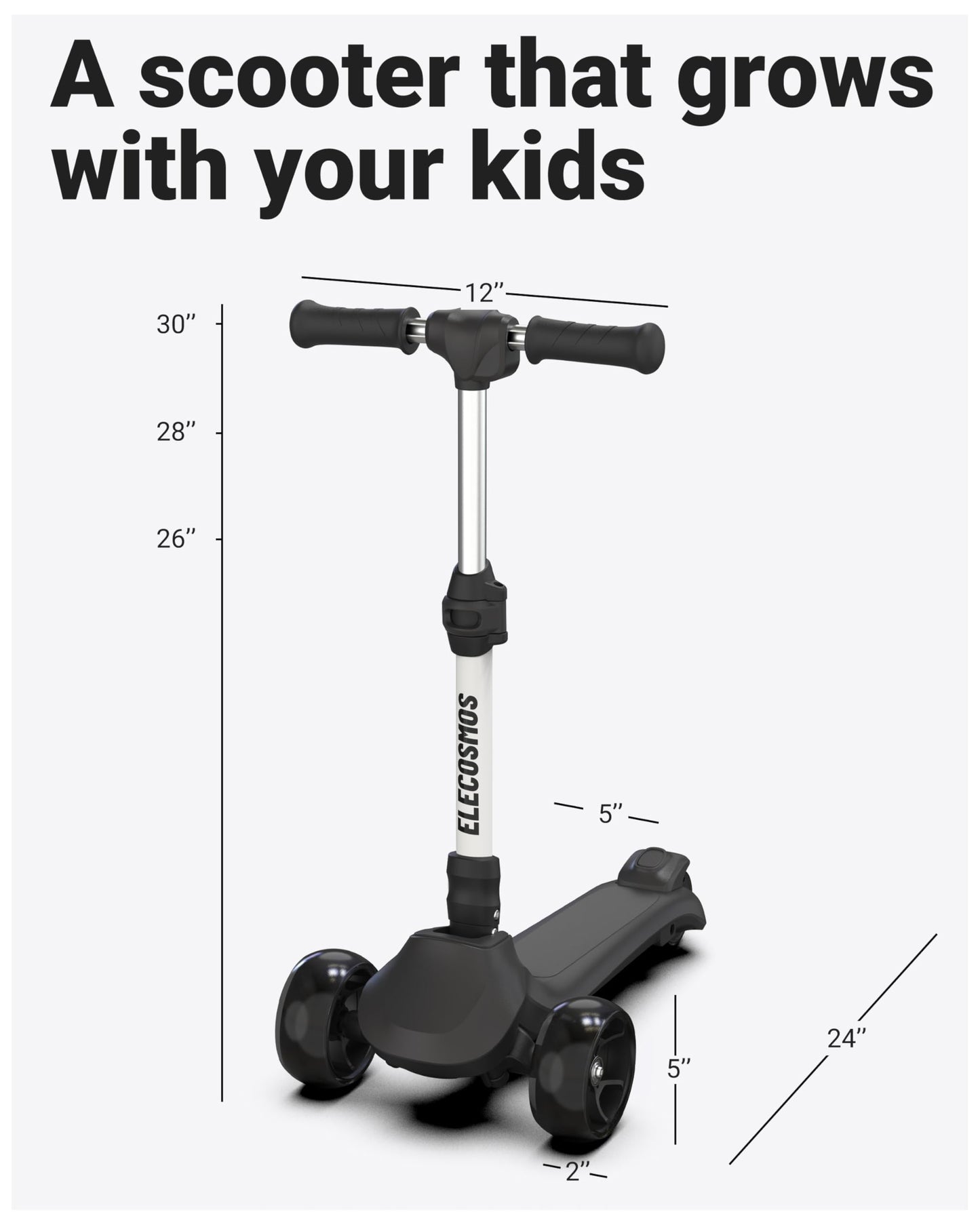 ELECOSMOS Electric Scooter for Kids Ages 5-8, 3 Extra Wide Light Up Wheels & LED Deck, 3 Heights Adjustable, 5 MPH, Super Lightweight Foldable E-Scooter for Kids, Toddlers, Girls, Boys, Black