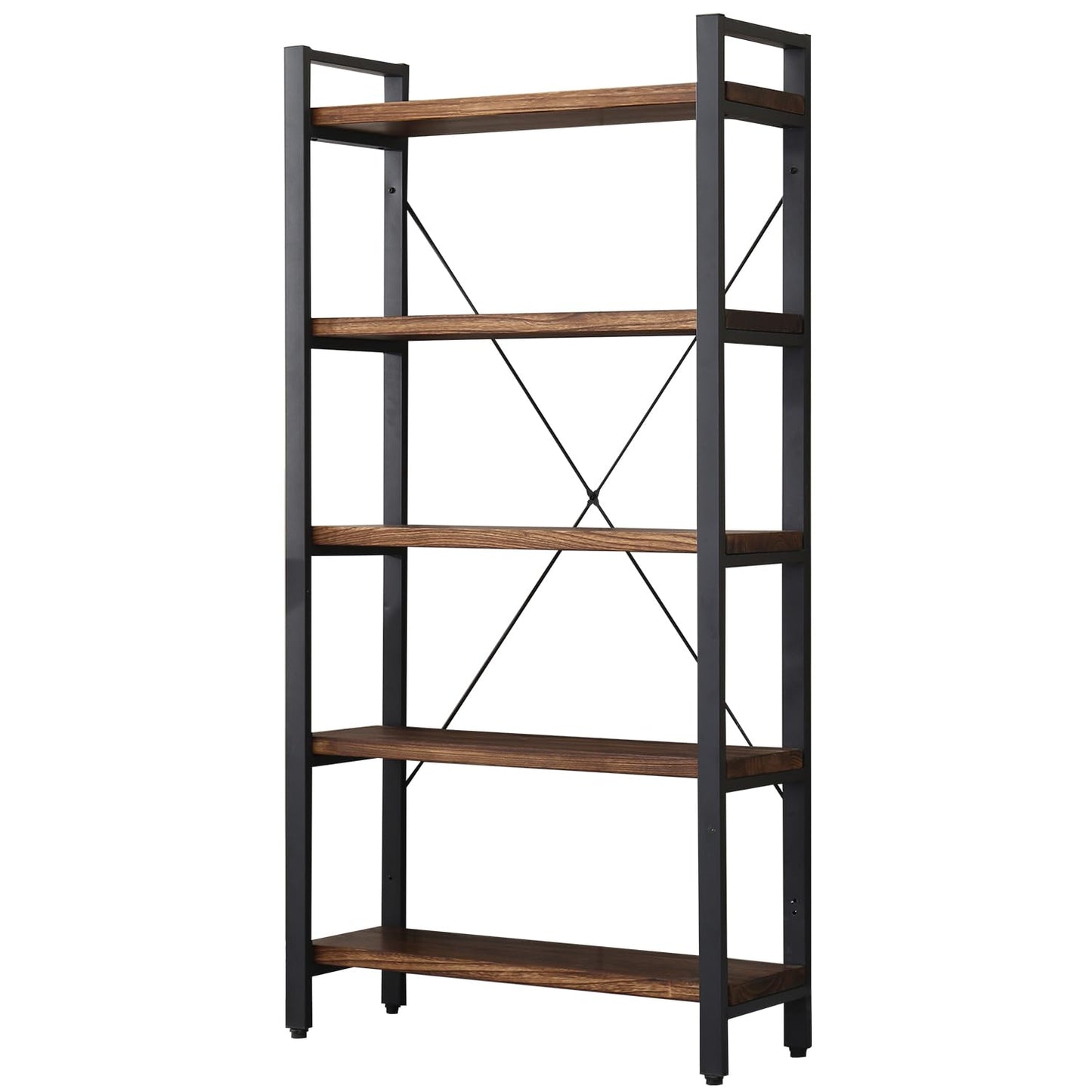 WH-AOERPUMY 5 Tier Bookcase, Solid Wood Bookshelf Rustic Vintage Industrial Etagere Bookcase, Metal and Wood Free Vintage Bookshelf, Retro Brown (5-Tiers)