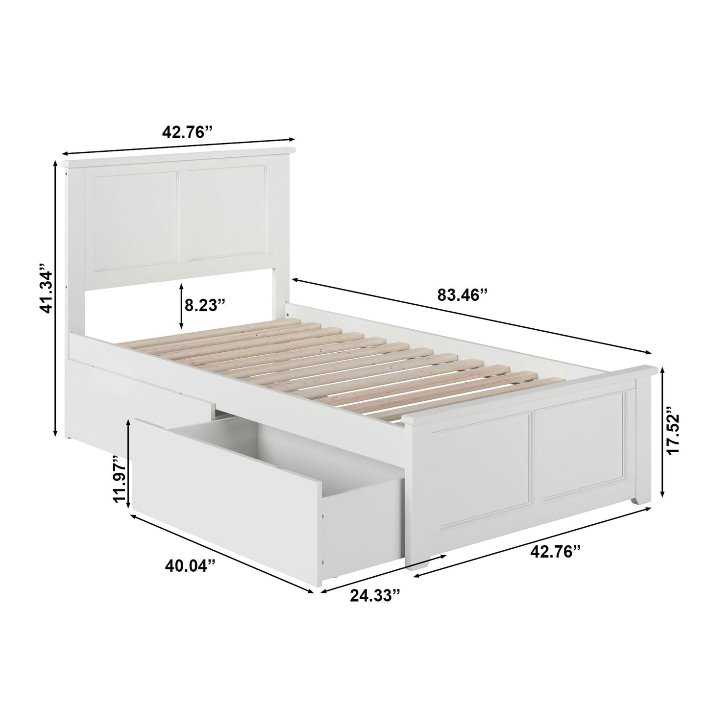 AFI, Madison Twin XL Platform Bed with Matching Footboard & Storage Drawers, White