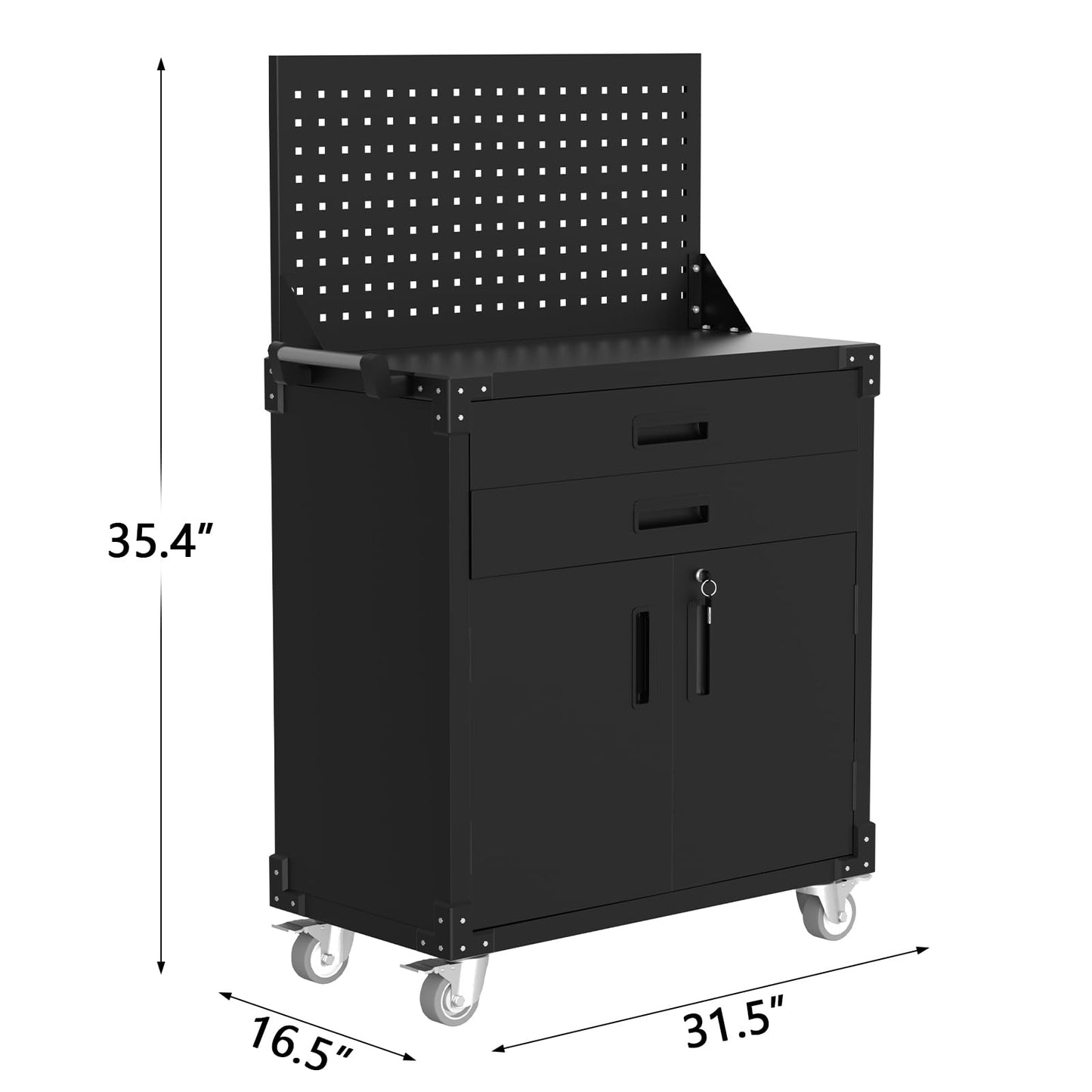 GarveeHome Rolling Tool Cabinet, Heavy Duty Steel Garage Storage Cabinet with 2 Drawers, Pegboard & 4 Wheels, Lockable Tool Cart Workbench for Workshop, Warehouse