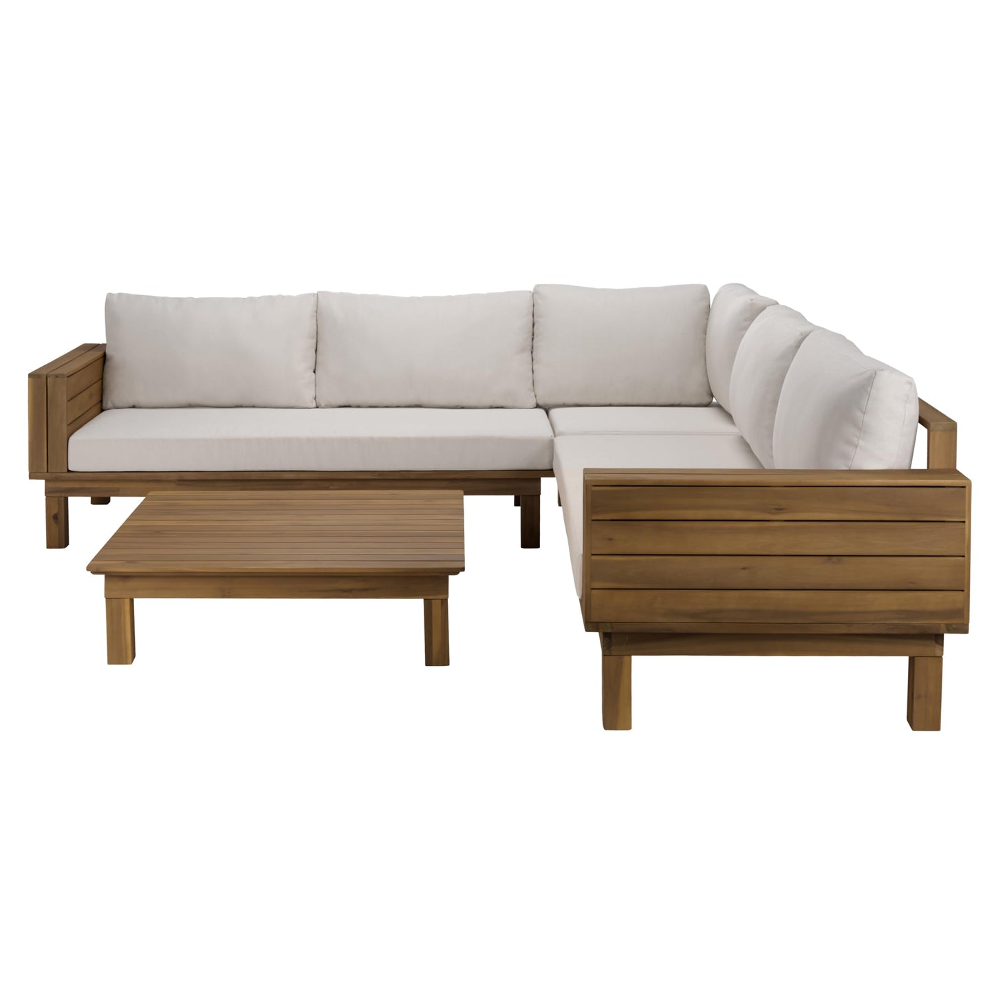 SAFAVIEH Outdoor Patio Furniture Collection - Napoli Oak Brown & Cream Solid Wood 4-Piece Sectional Sofa Set with Coffee Table, Durable Cushions, Modern Outdoor Seating (PAT6806B)