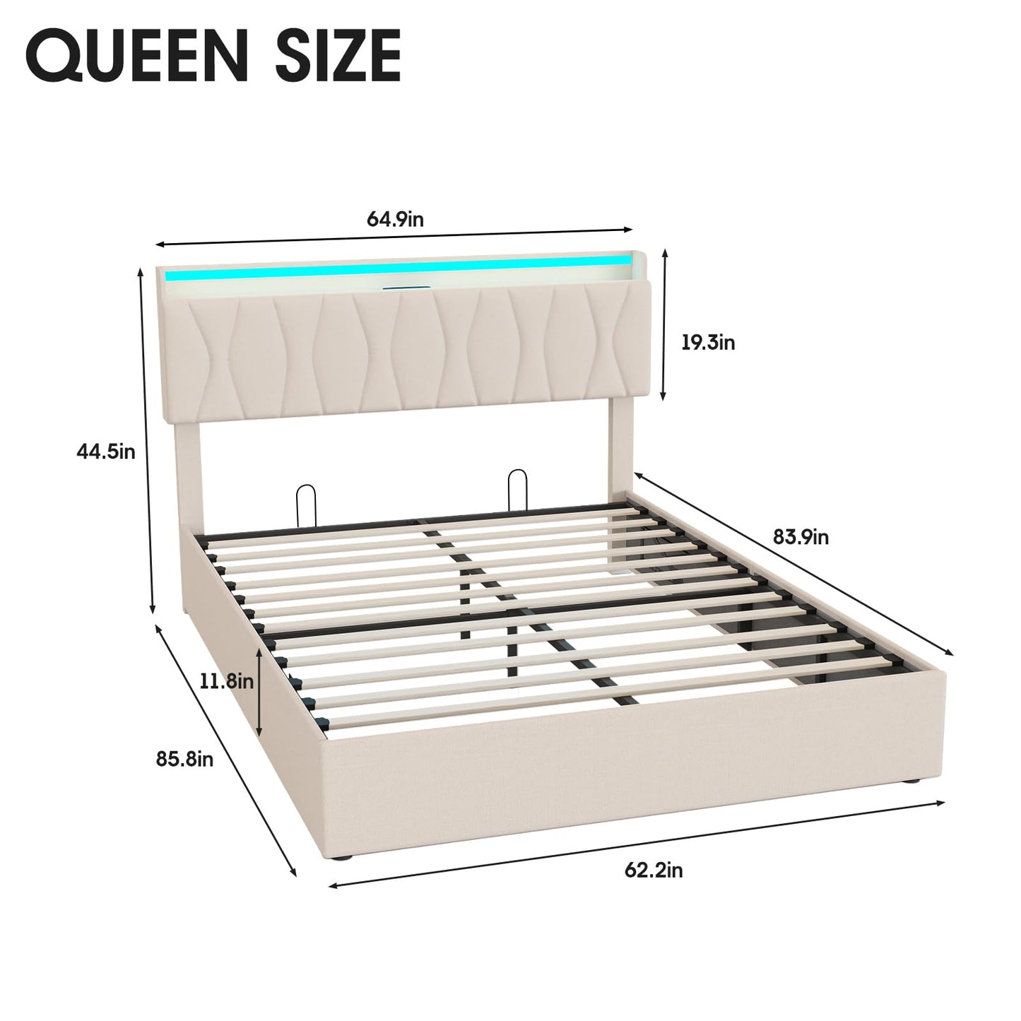 Fameill Queen Size Lift Up Storage Bed Frame with Adjustable Headboard, Charging Station, LED Lights, Wood Slats, Noise-Free, No Box Spring Needed, Beige