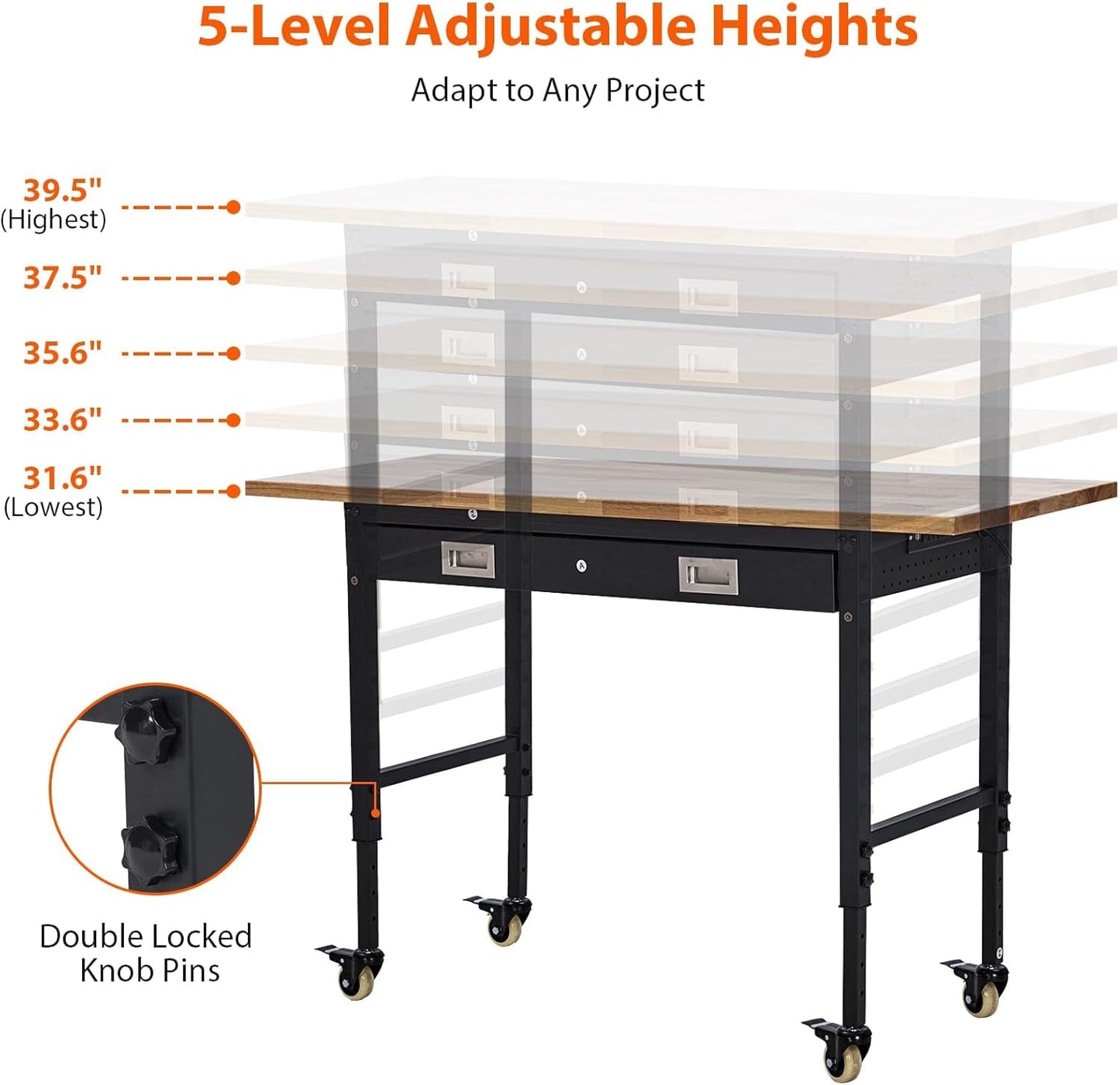 Workbench 60" x 22" Adjustable Height Worktable, Heavy Duty Rubber Wood Top, 2000 LBS Load Capacity, Tool Storage Workstation with Drawer, Pegboard, Power Outlets & Lockable Wheels