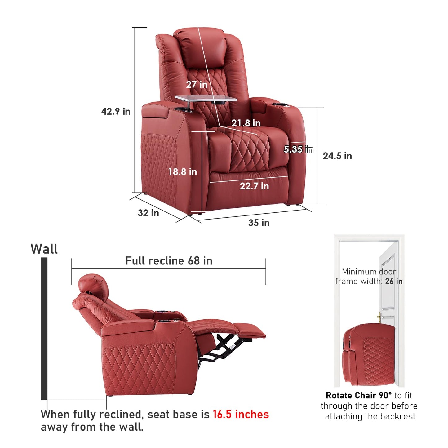 PBRO Home Theater Seating Genuine Leather Recliner Chair, Power Reclining & Headrest, USB A/C Charging Ports, Tray Table, Cup Holder Ambient Lighting Red Row of 1