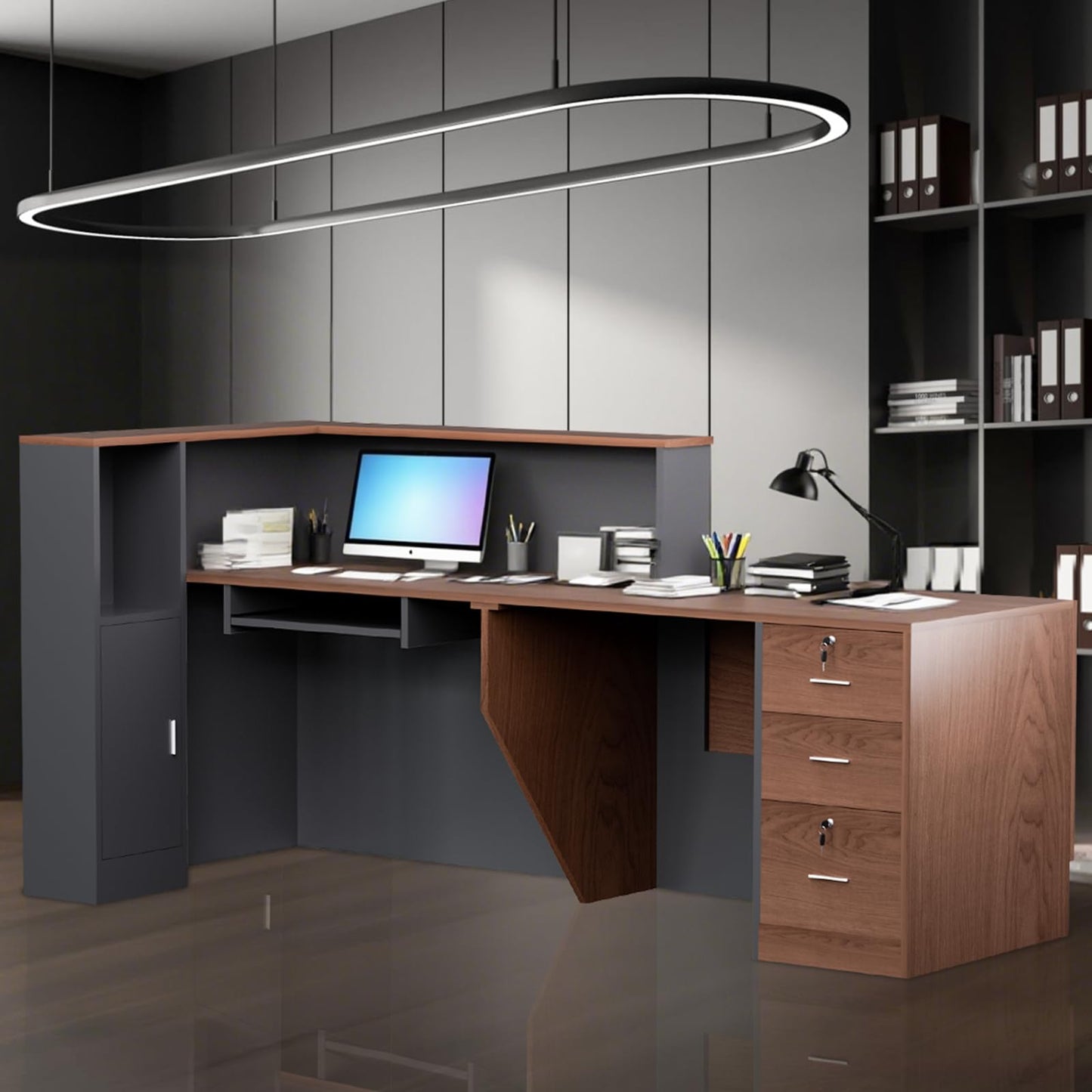 L-Shaped Large Wooden Reception Desk, Modern Front Desk Reception Counter with Lockable Drawers & Storage & Keyboard Tray, for Checkout, Lobby (Right-Walnut/Gray 87''L x 42''W x 41''H)