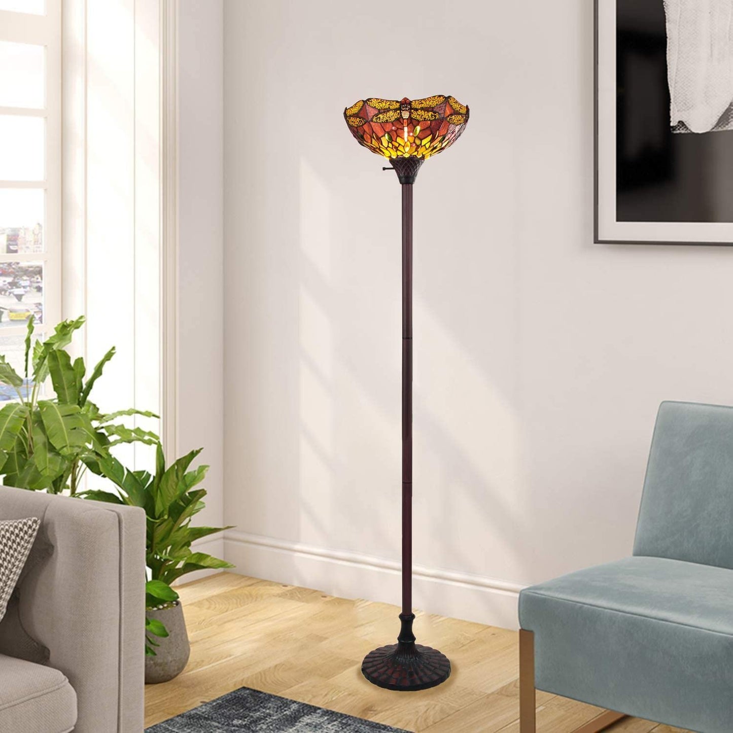 Chloe Lighting Empress Dragonfly Torchiere Lamp 14in Wide Dark Bronze Multicolor Glass, Model CH3T471RD14-TF1