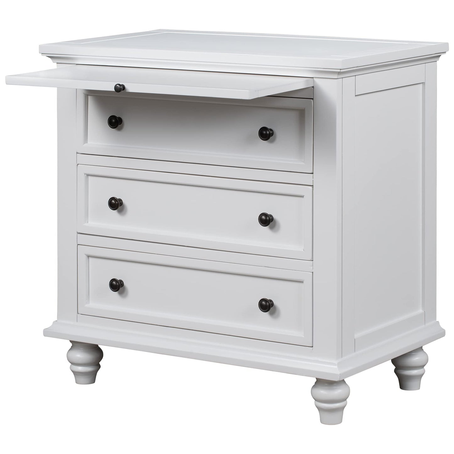 Merax Wood Nightstand with 3 Storage Drawers, Bedside End Table with Pull Out Tray, White (No Guide Rails)