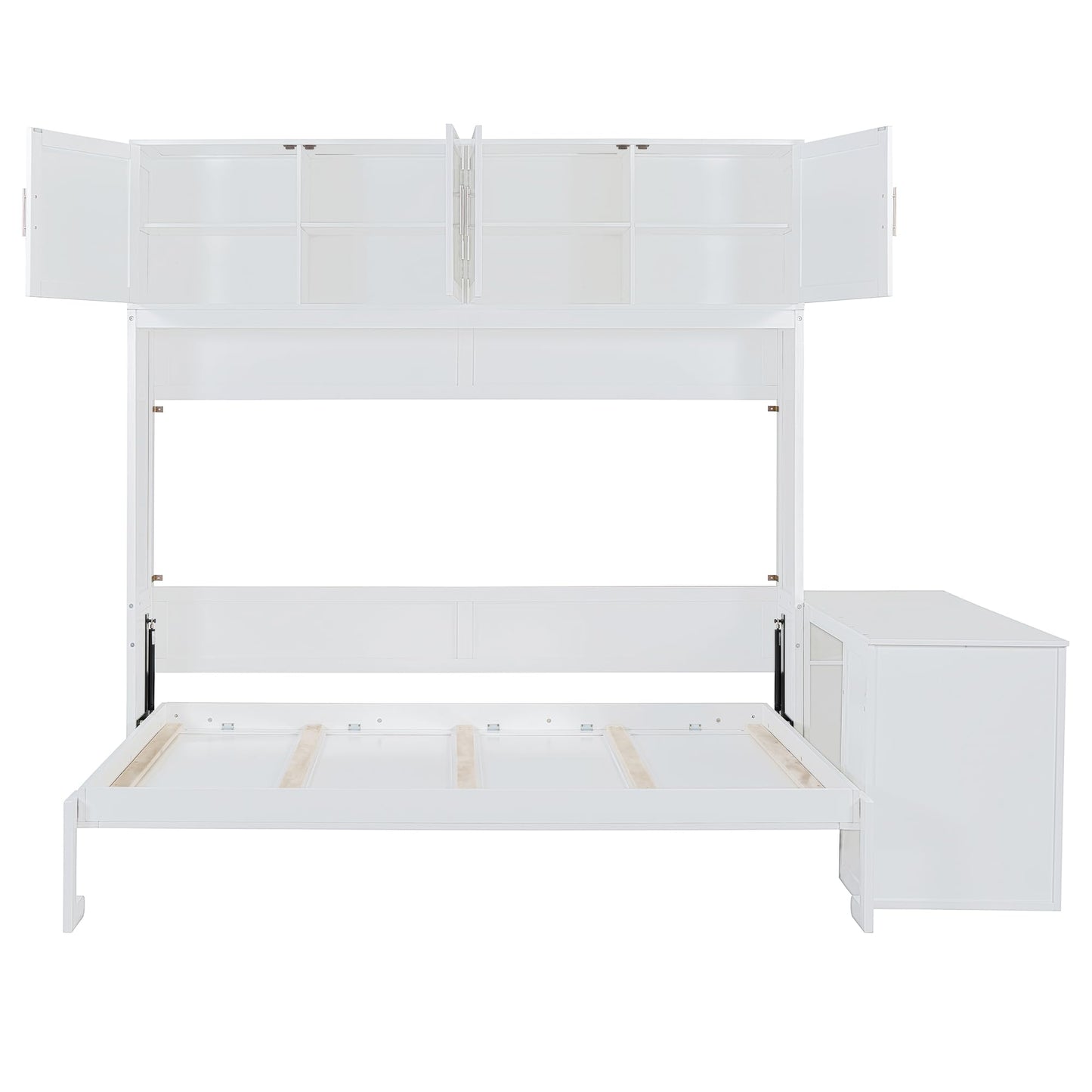 Merax Queen Size Wall Murphy Bed with Desk and Storage Shelves and Big Cabinets for Guest Room, Bed Room, Guest Room, Home Office, White