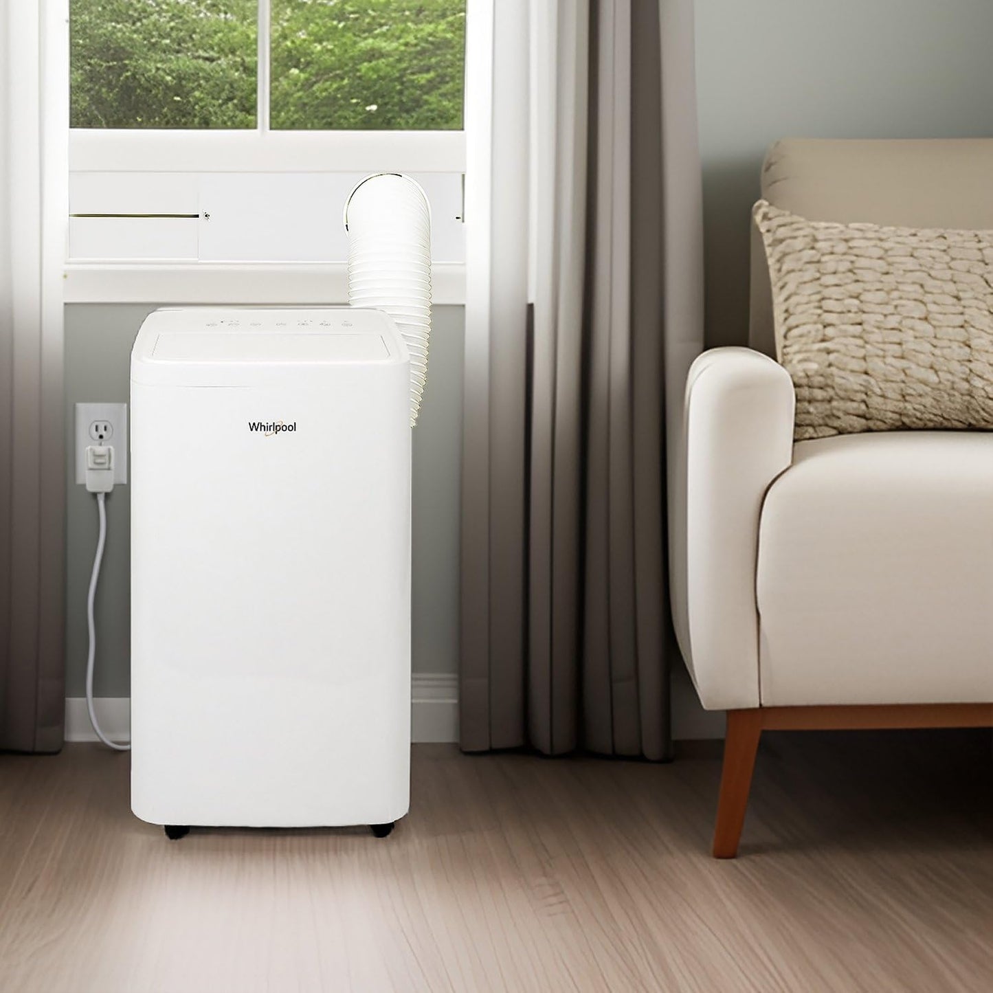 Whirlpool 14,000 BTU Portable Air Conditioner with Dehumidifier for Living Room, Apartment, or Bedroom, 115V, Portable AC for Large Rooms up to 700 Square Feet with Remote, 3 Speeds, and Timer, White