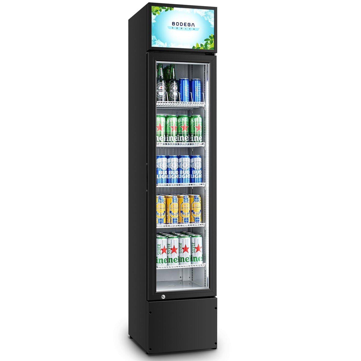 BODEGACOOLER Commercial Merchandiser Refrigerator, 5.7 Cu.Ft Single Swing Glass Door Beverage Cooler, Upright Display Refrigerator with Soft LED Light, Adjustable Shelves, Black