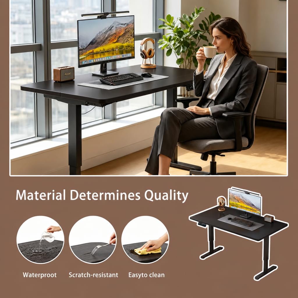 plyosdey 47.2" Electric Standing Desk, Malacca Solid Wood Material, Height Adjustable Computer Desk, 3 Memory Height Settings, Home Office Desk for Study and Gaming (Black Walnut Color, 47.2 * 23.6)