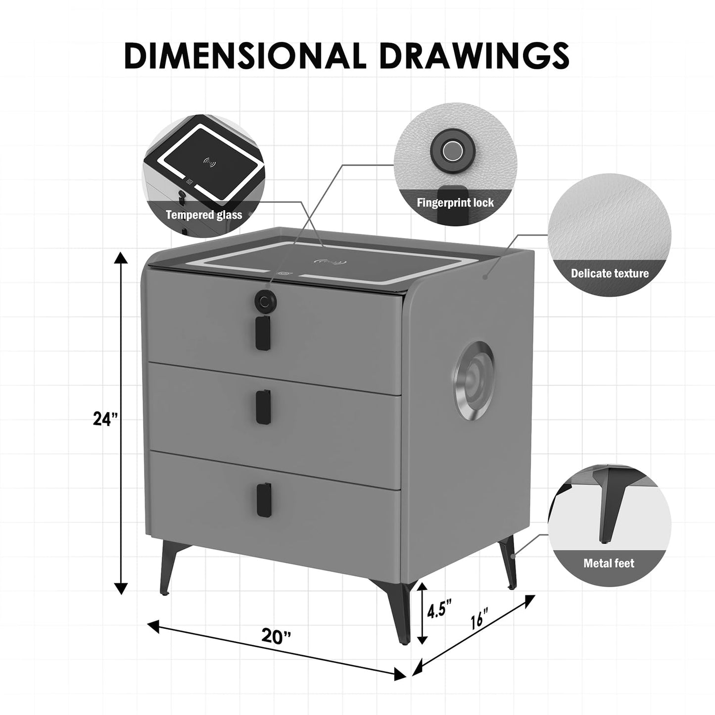 QHRAY Smart Nightstand with Fingerprint Lock Drawer, Nightstand with Wireless Charging, Night Stand with Charging Station,2 USB, LED Lights Bluetooth Speaker Side Table for Bedroom/Living Room