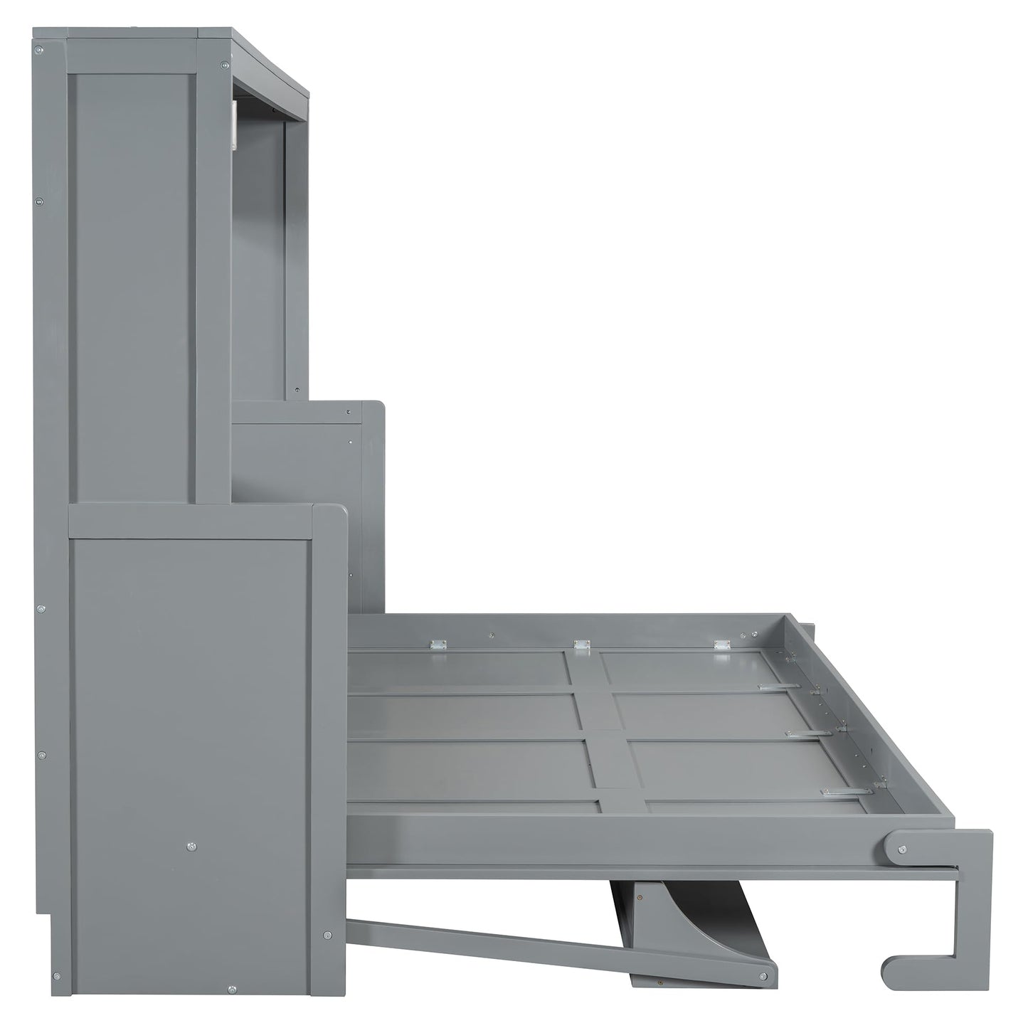 Merax Murphy Bed Queen Size with Desk, Wood Folding Wall Bedframe with Smooth Hydraulic Lift, for Small Bedroom, Guest Room, Home Office, Grey